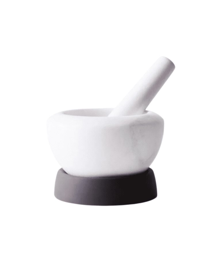 white marble mortar and pestle.