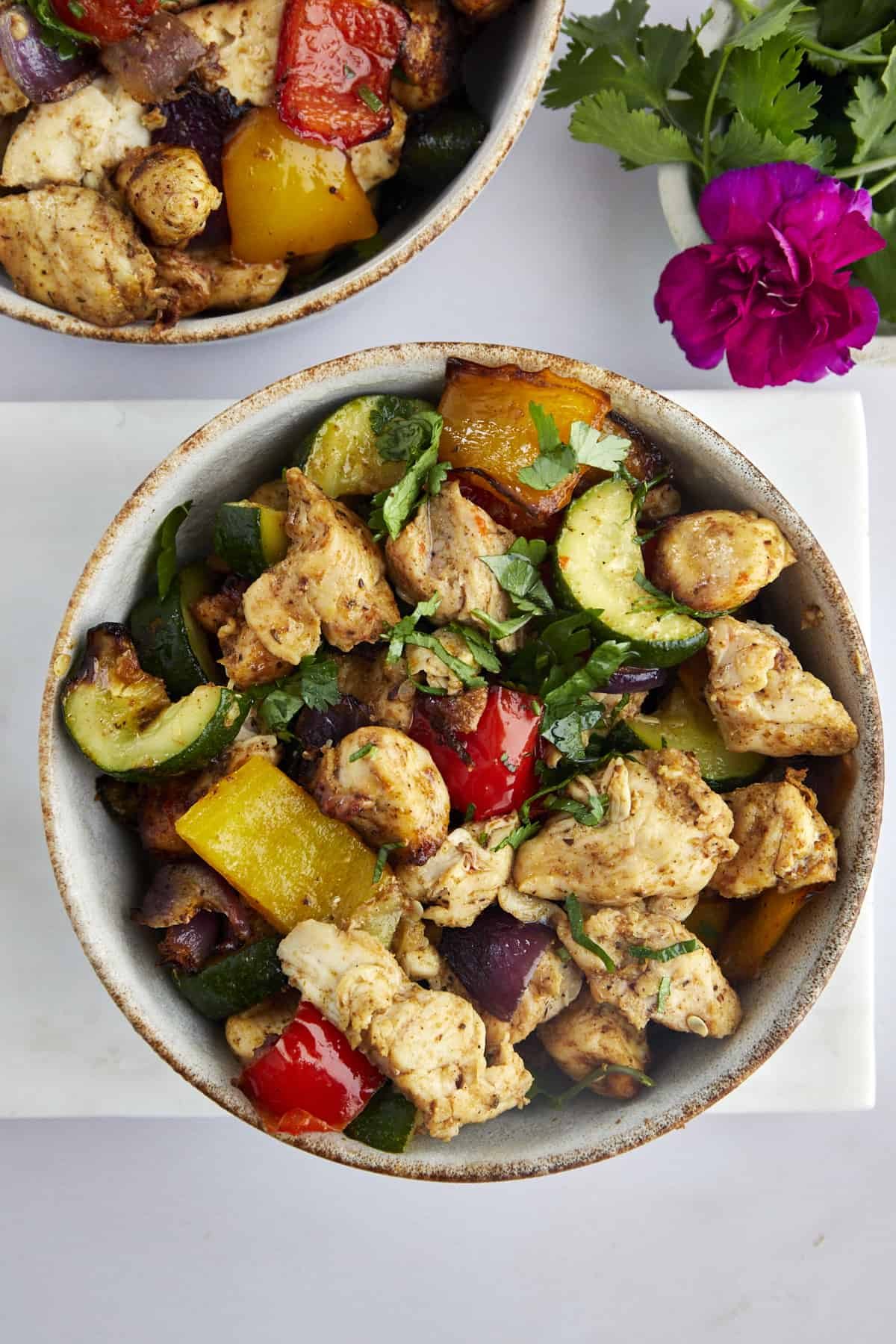Air Fryer Chicken Breast with Vegetables at the Table