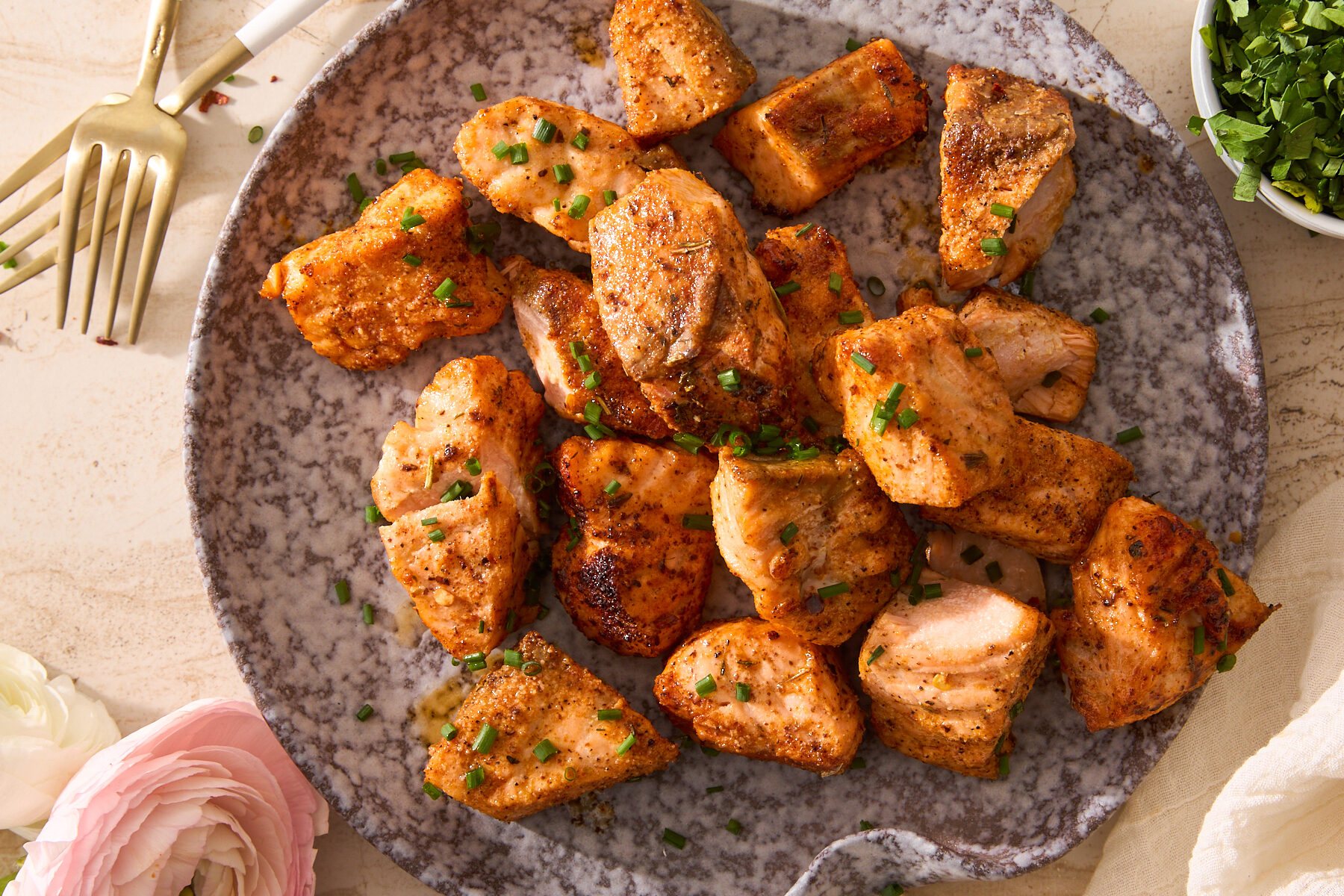 A plate of air fryer salmon bites.
