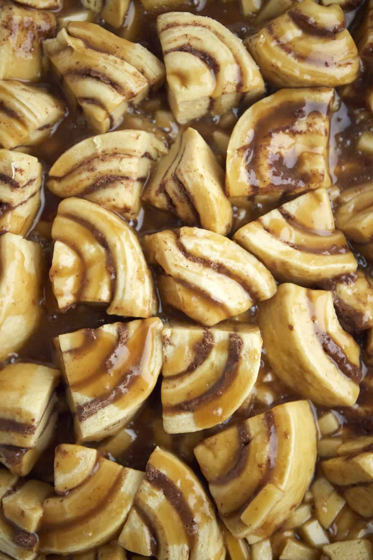 cinnamon rolls quarters in a dish