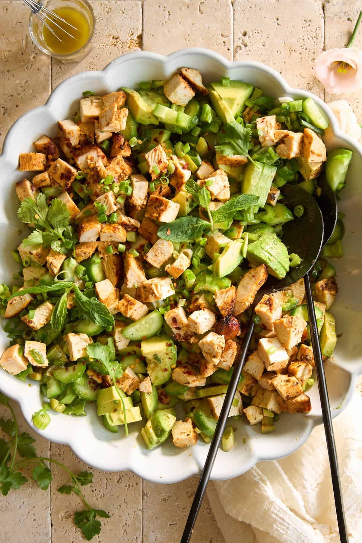 A bowl of avocado chicken salad.