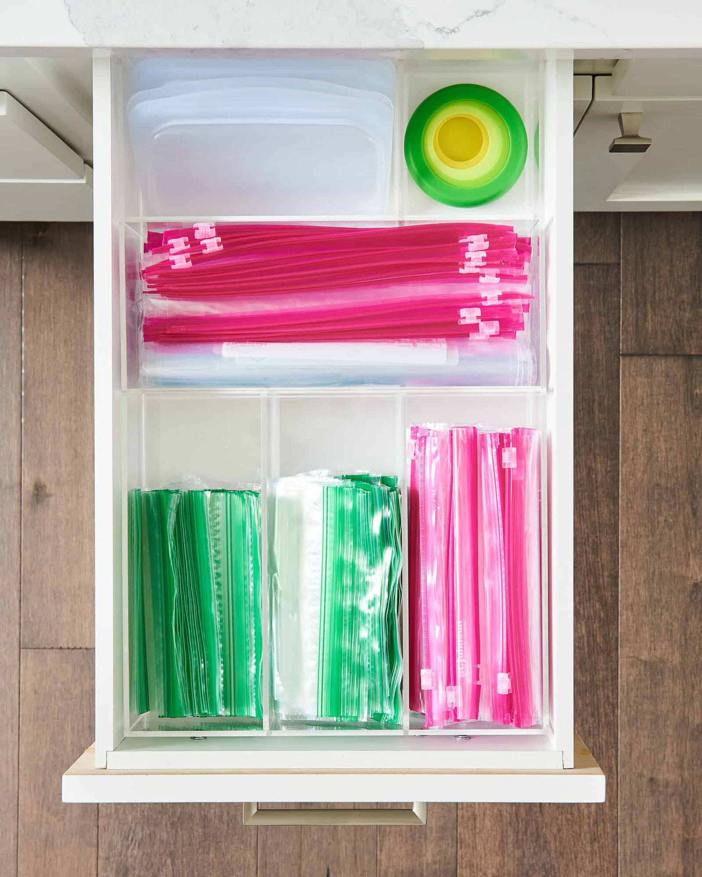 bags organized in kitchen drawer.