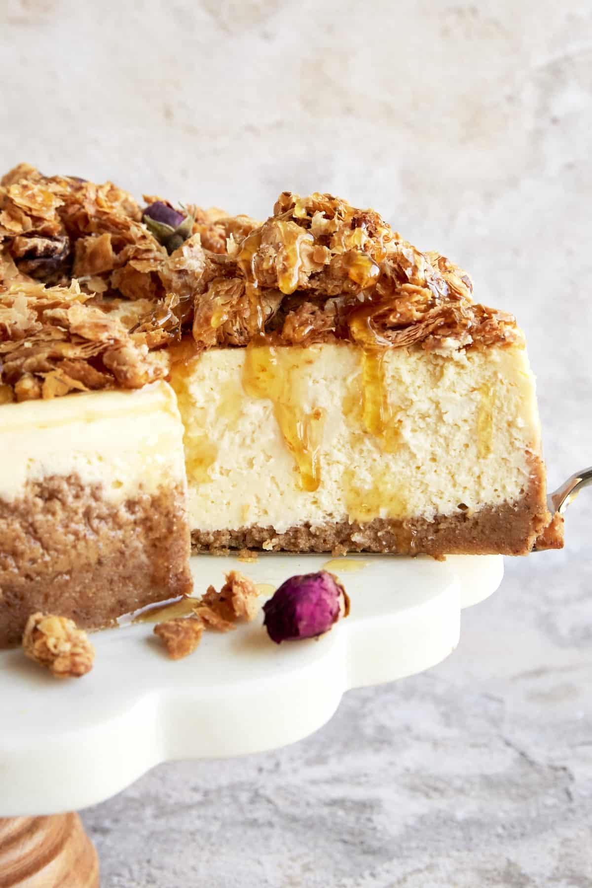 Side view of a slice of baklava cheesecake.