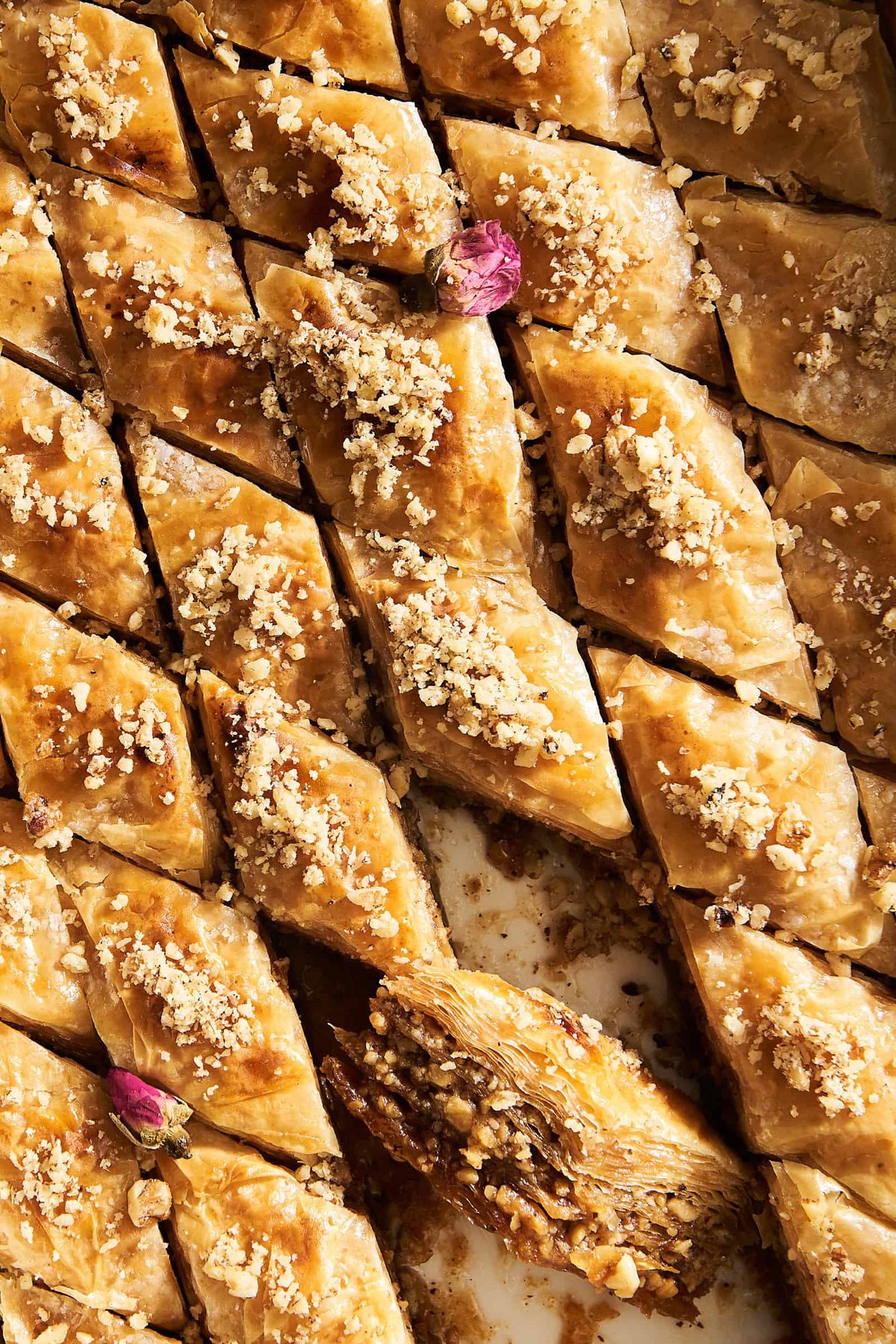 Baklava in a baking dish with one piece on its side exposing the walnut filling.
