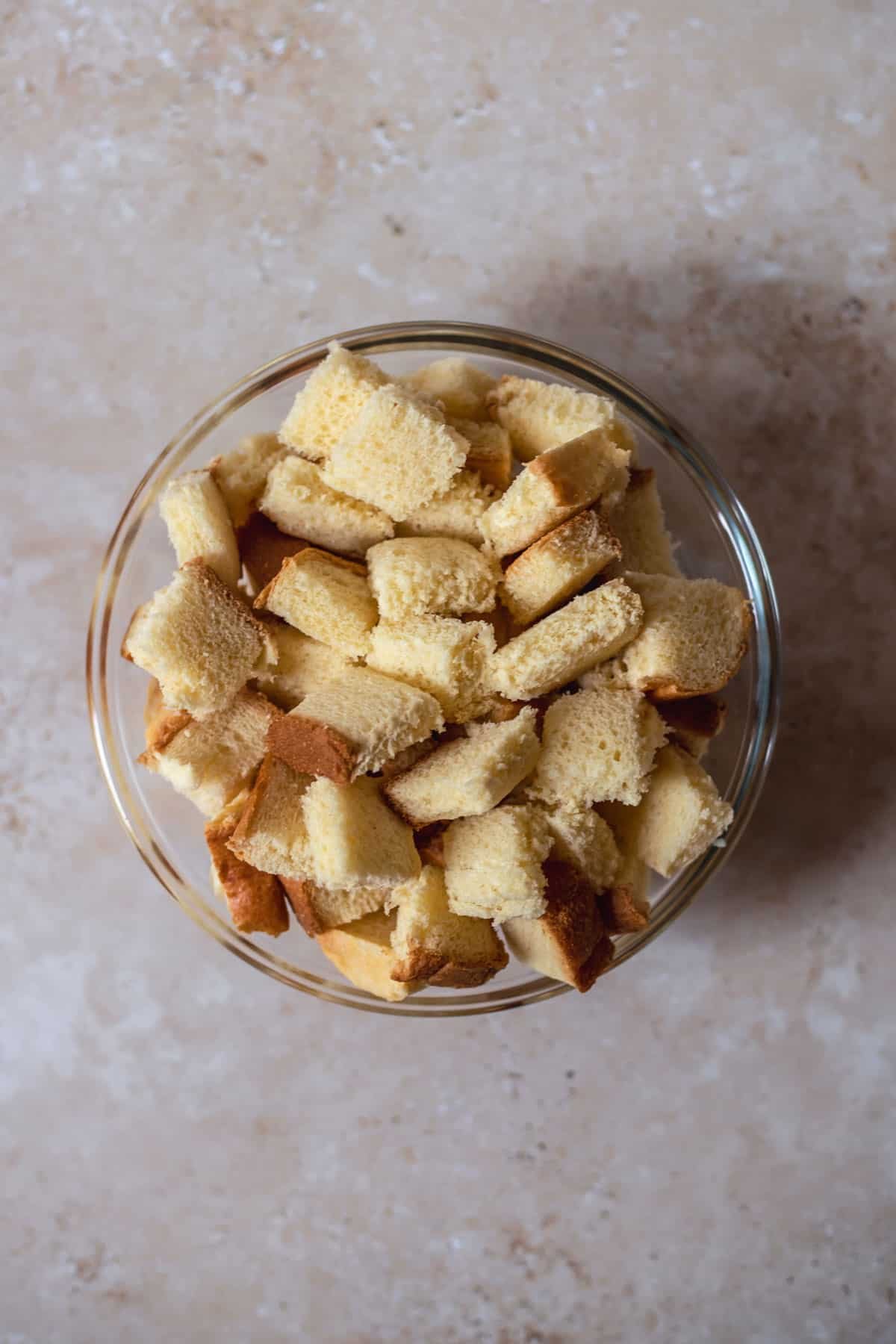 pieces of bread in a glass bowl