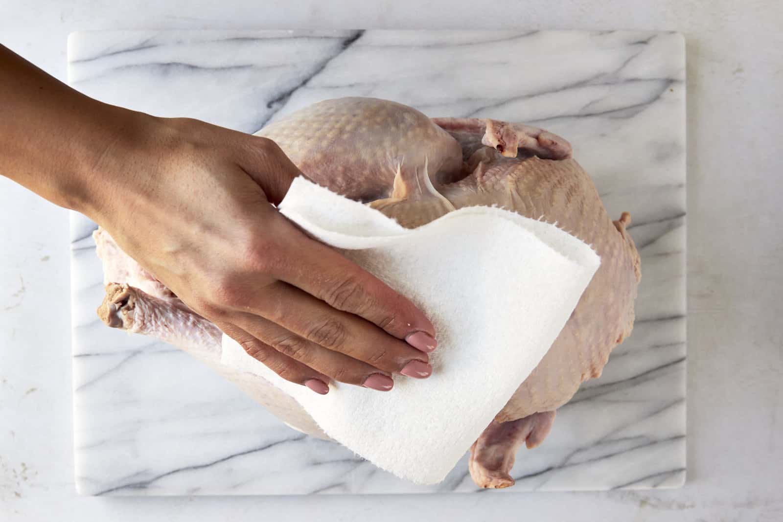 A raw turkey being pat dry with clean paper towels.