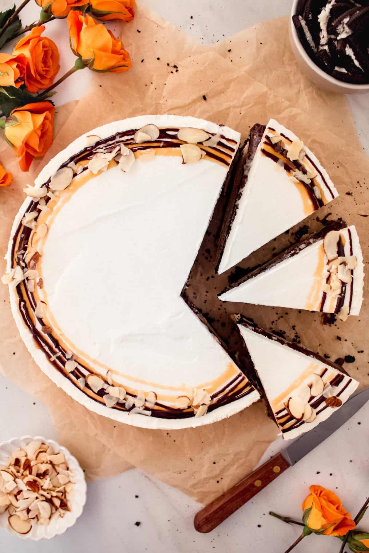 a billy miner ice cream pie with three slices cut