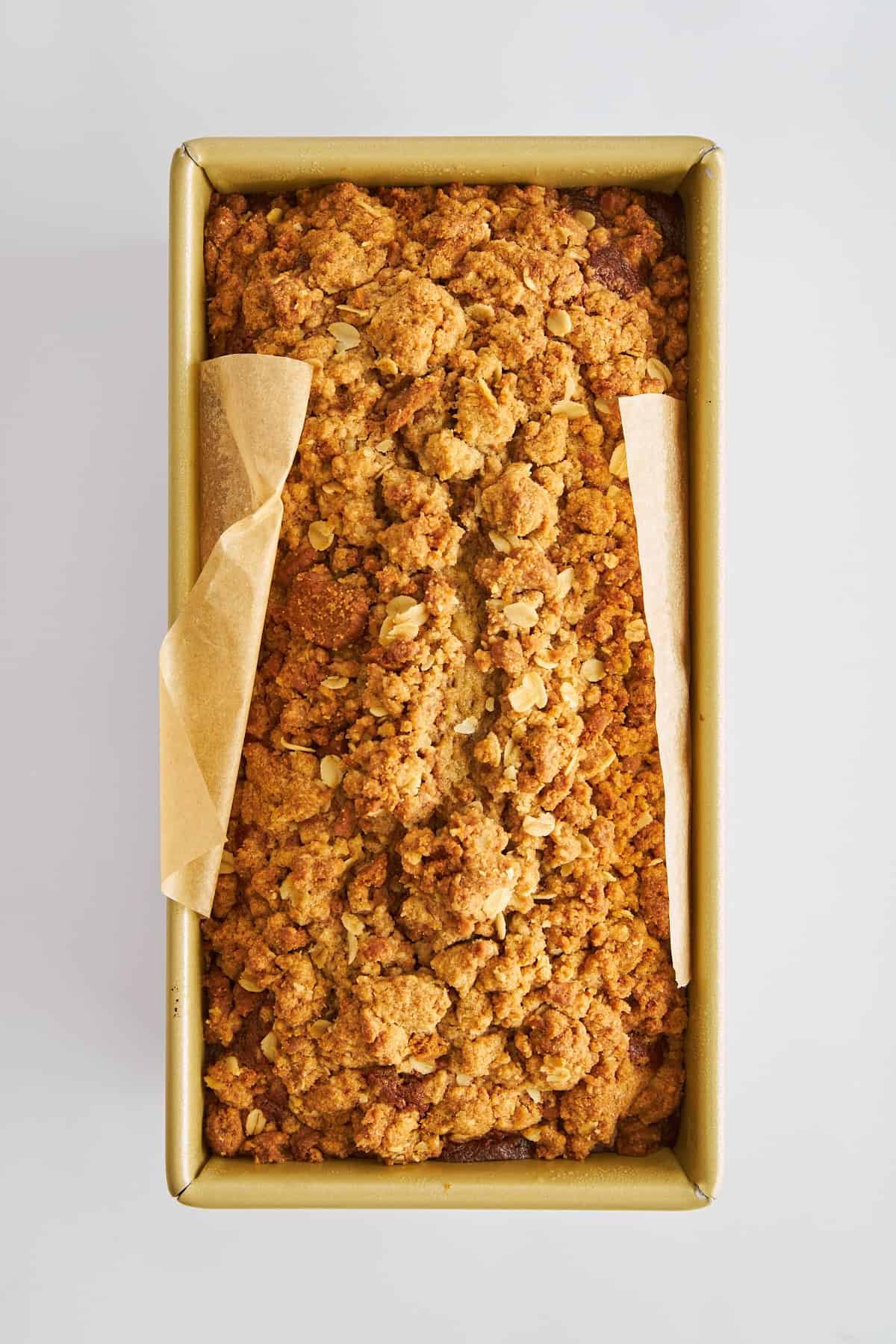 Overhead image of Biscoff banana bread in a loaf pan.