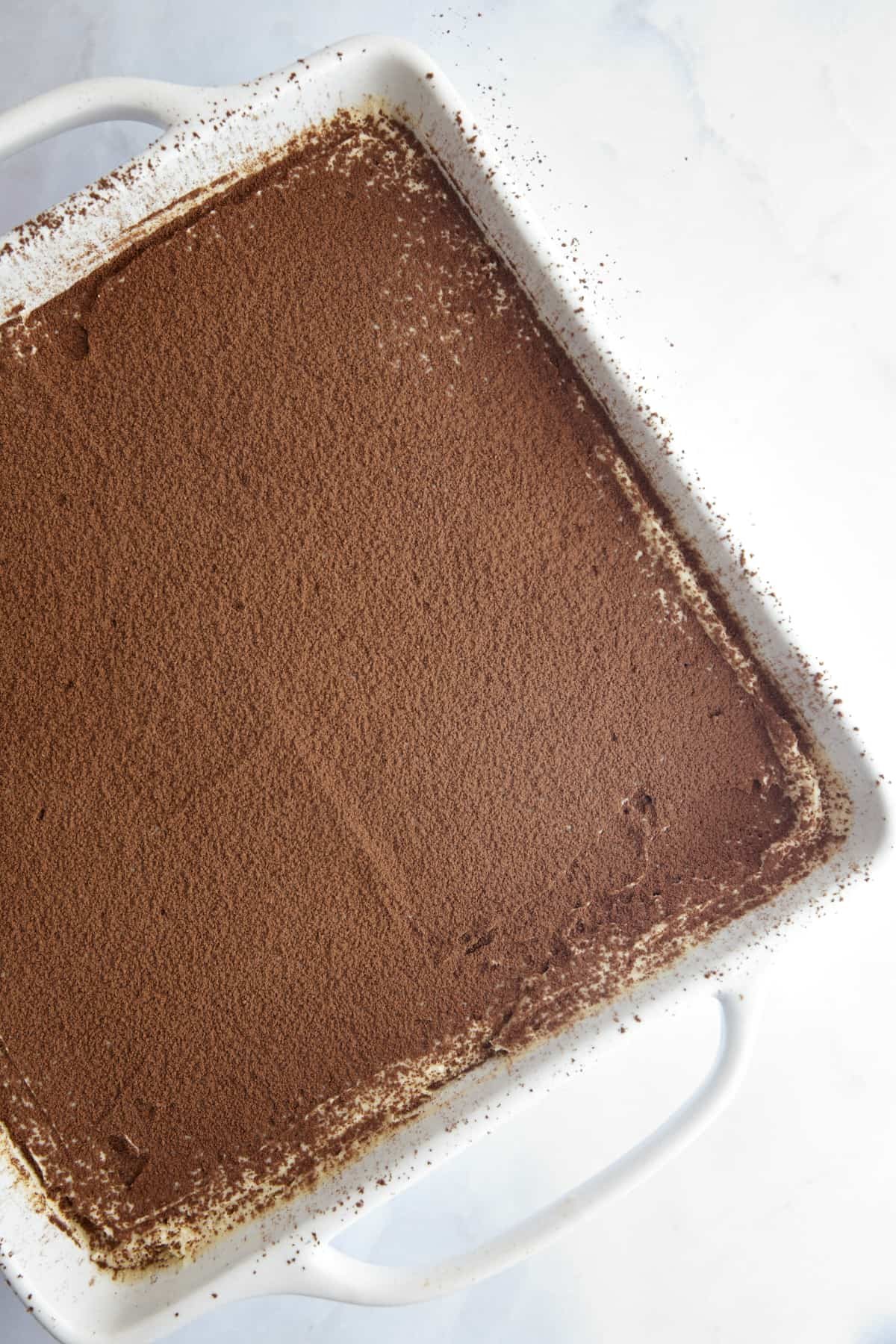 Overhead image of cocoa dusted Biscoff tiramisu in a square baking dish.