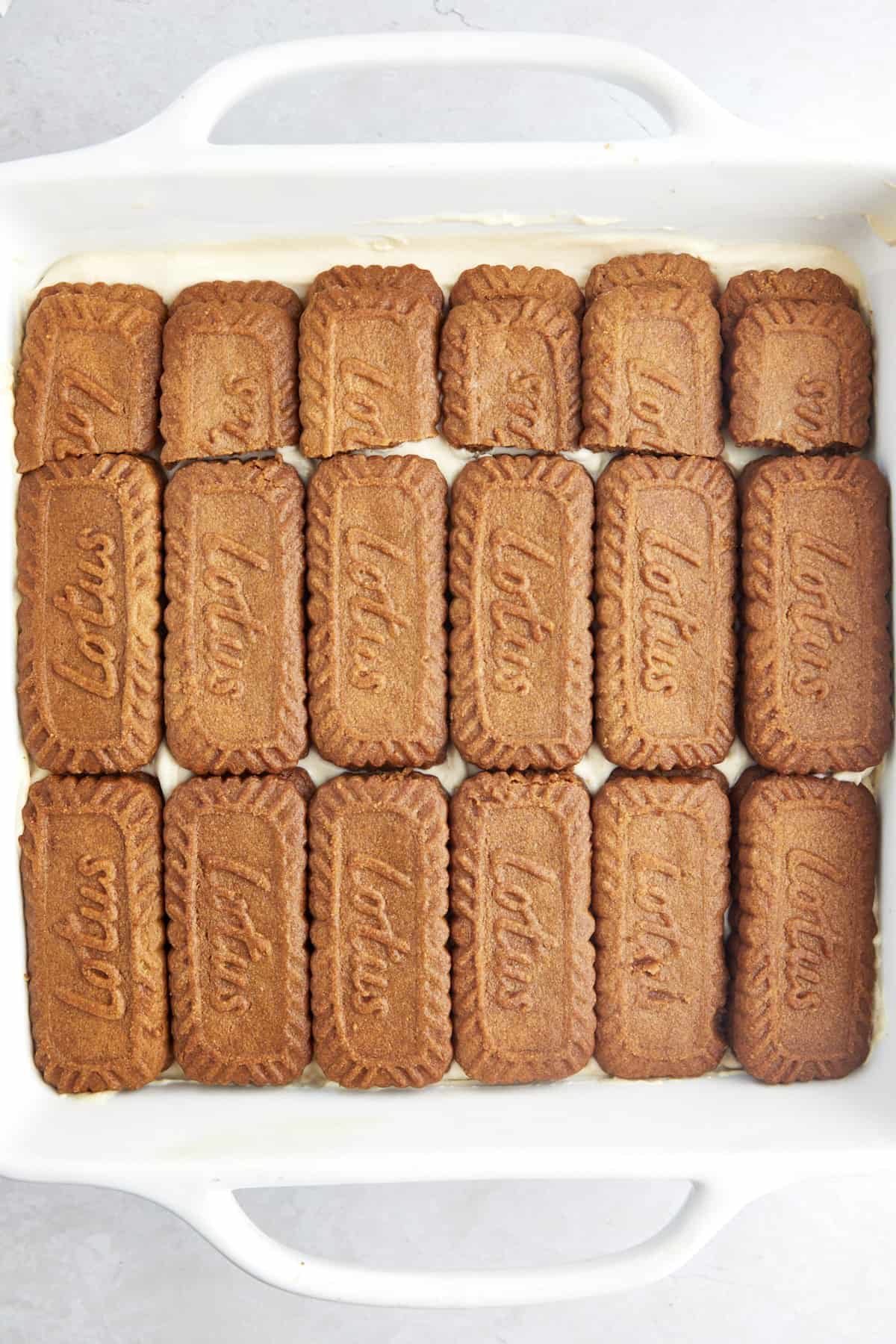 Layers of Biscoff cookies and whipped mascarpone filling in a baking dish.