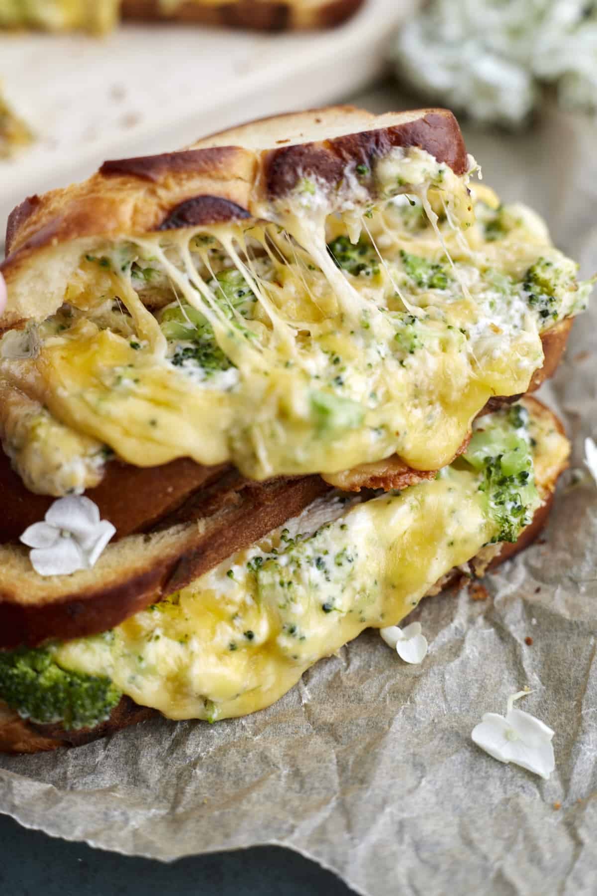 Close up image of broccoli grilled cheese sandwiches on top of each other.