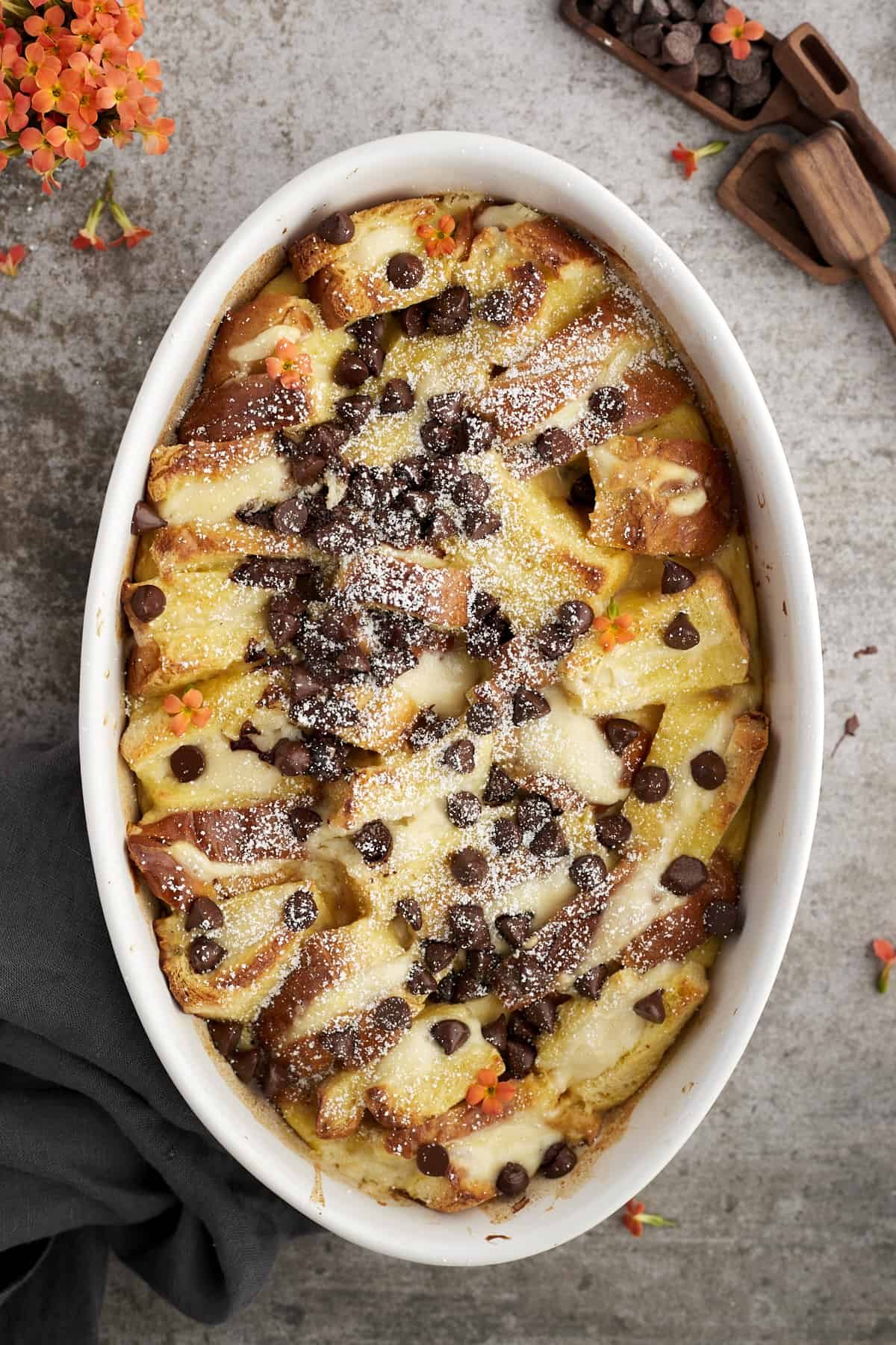 An oval baking dish of cannoli baked french toast.