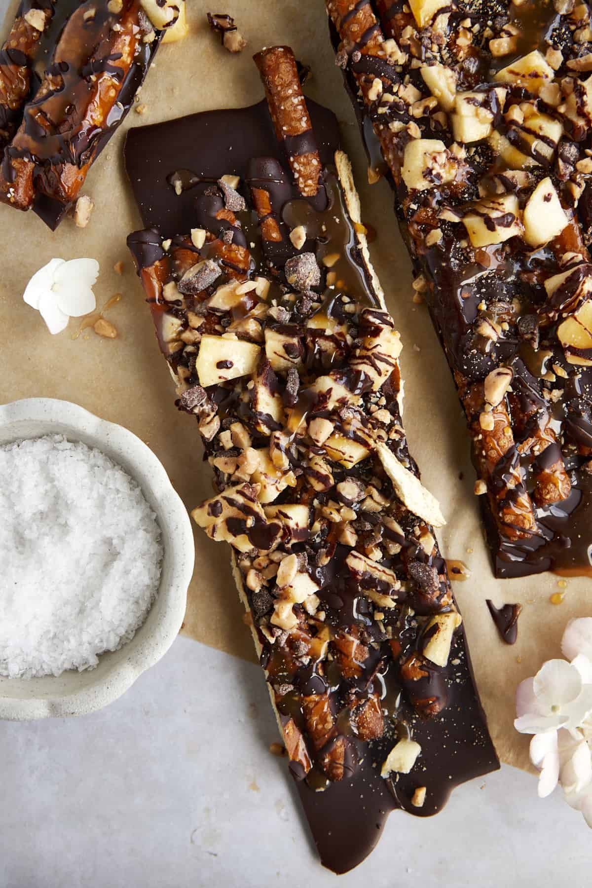 Caramel Apple Bark with Pretzels at the Table