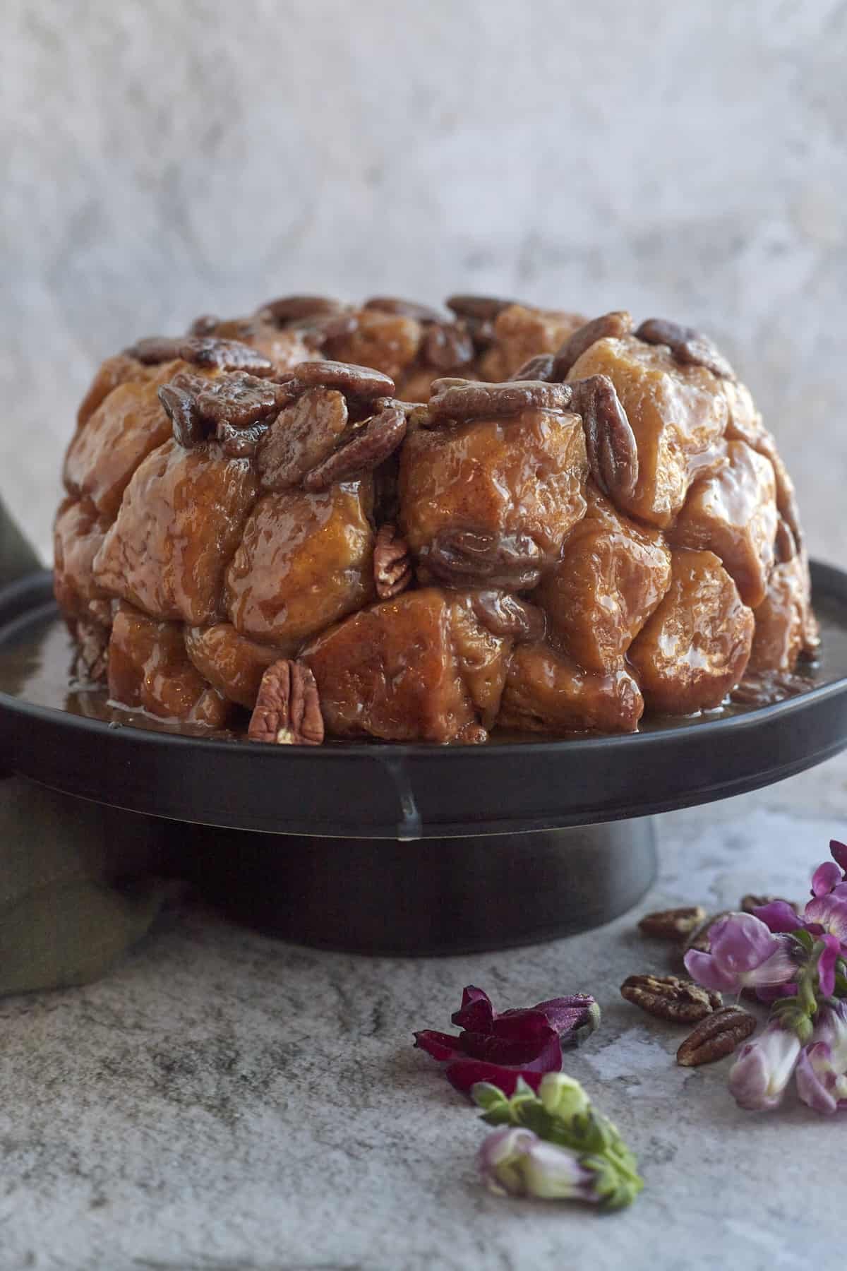 side view of pecan caramel homemade monkey bread.