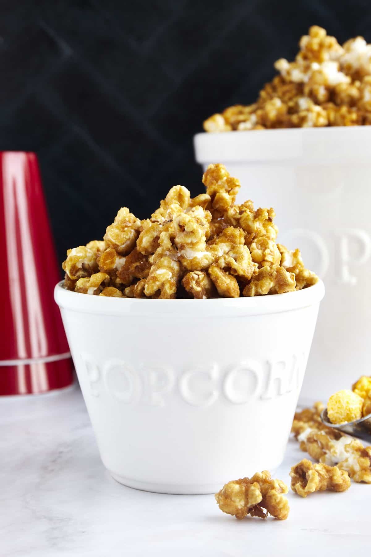 A popcorn bucket full of from-scratch caramel popcorn.