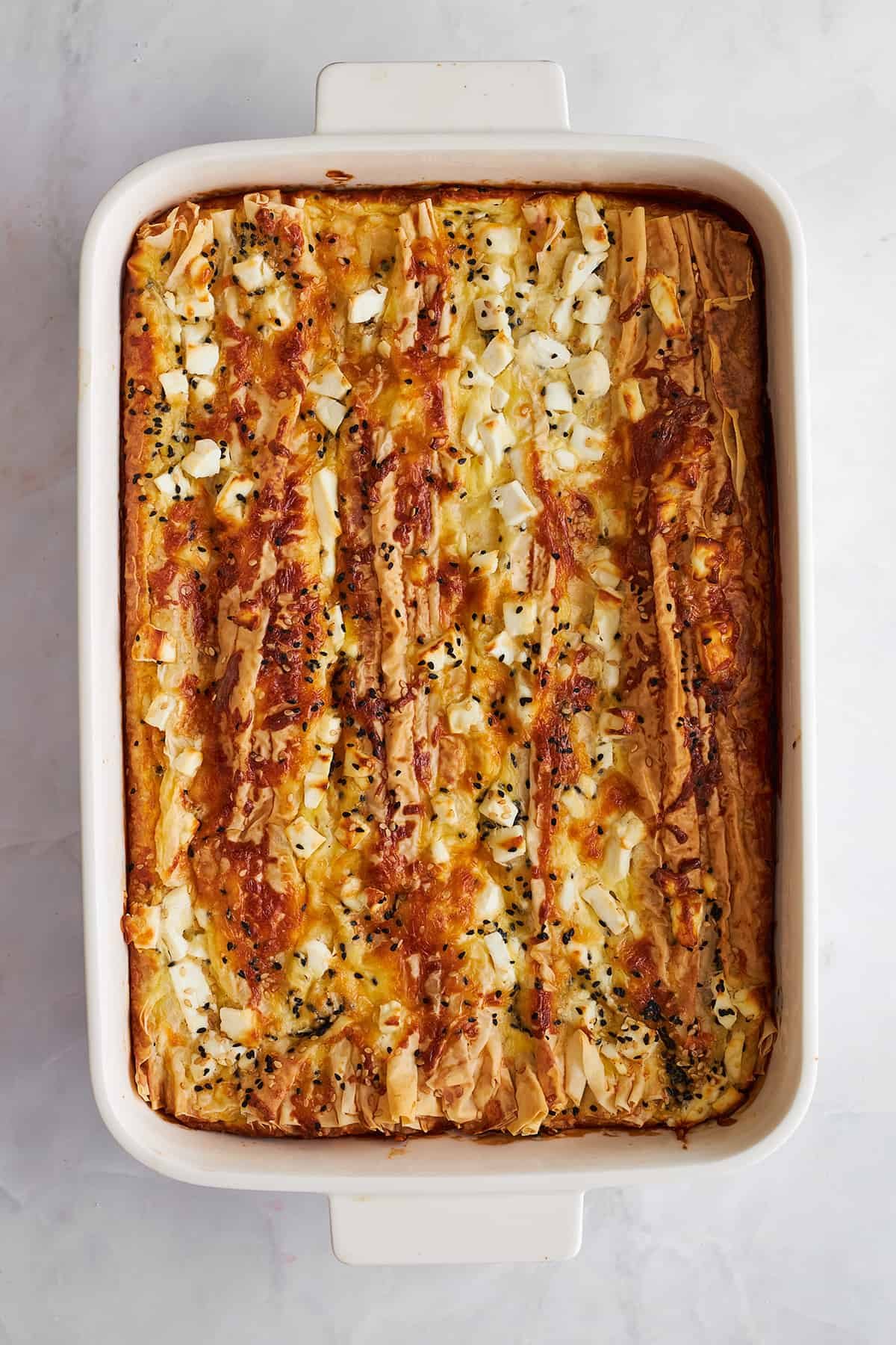 Feta Cheese phyllo in a baking dish.