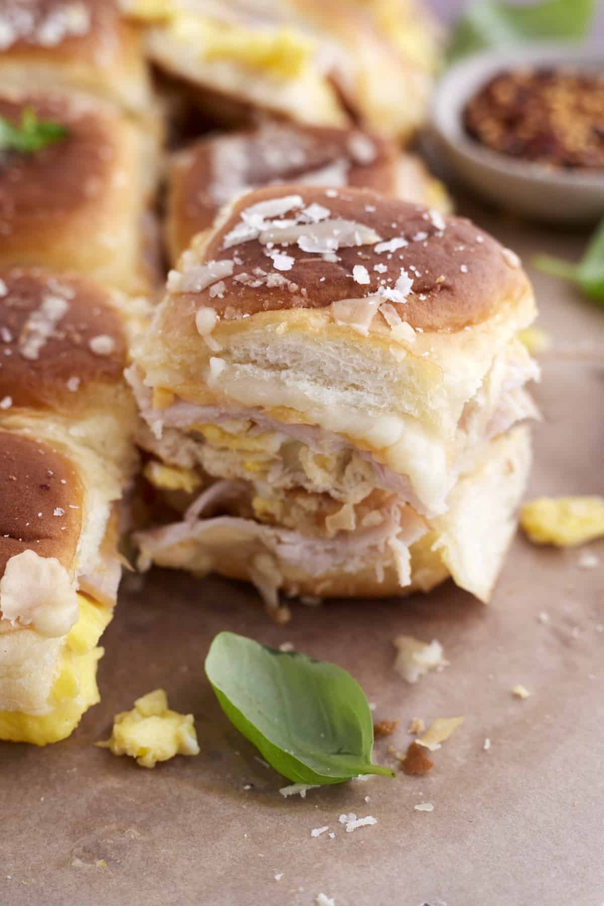 side image of cheesy breakfast brioche slider