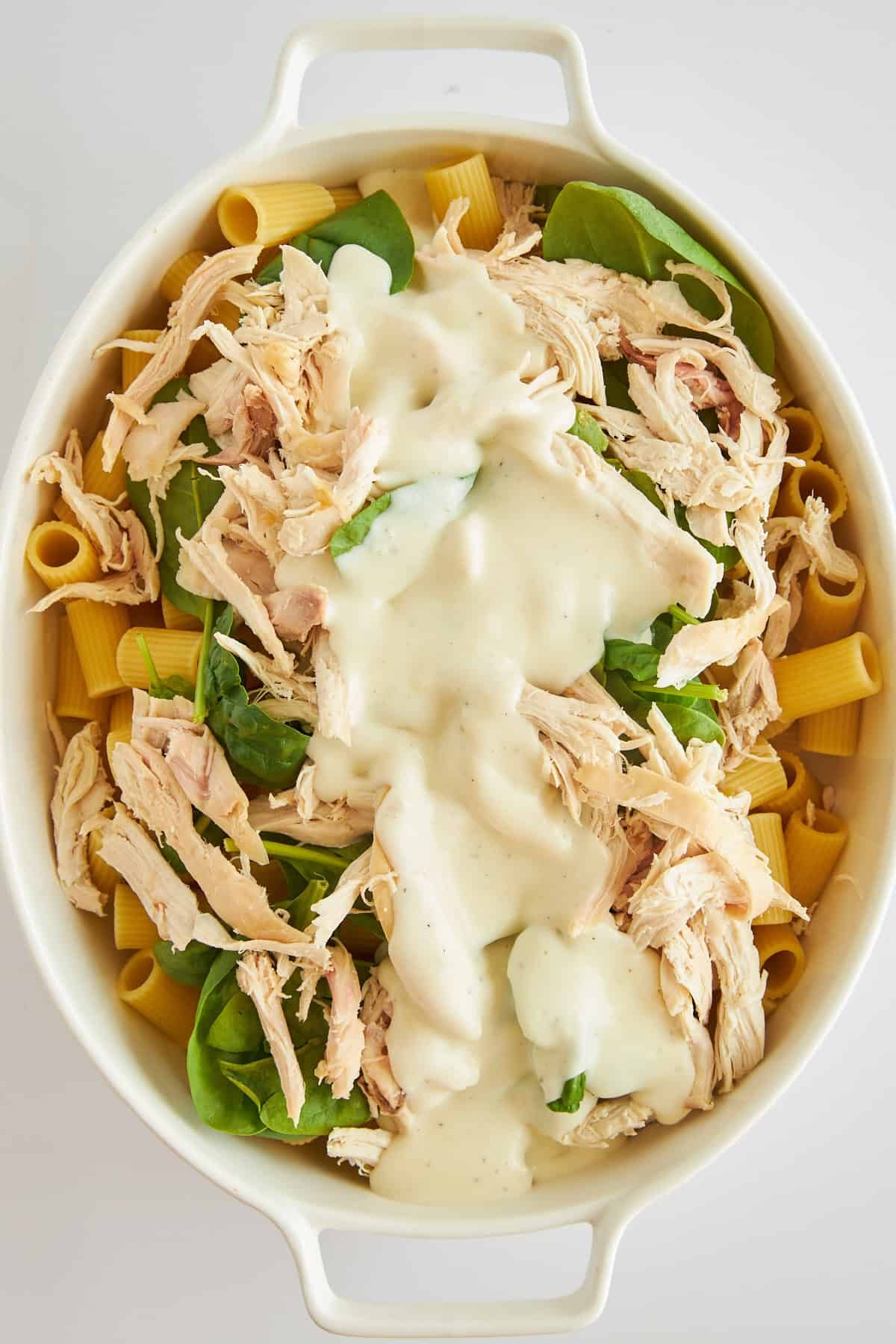 Pasta, spinach, chicken, and cheese sauce in a baking dish.