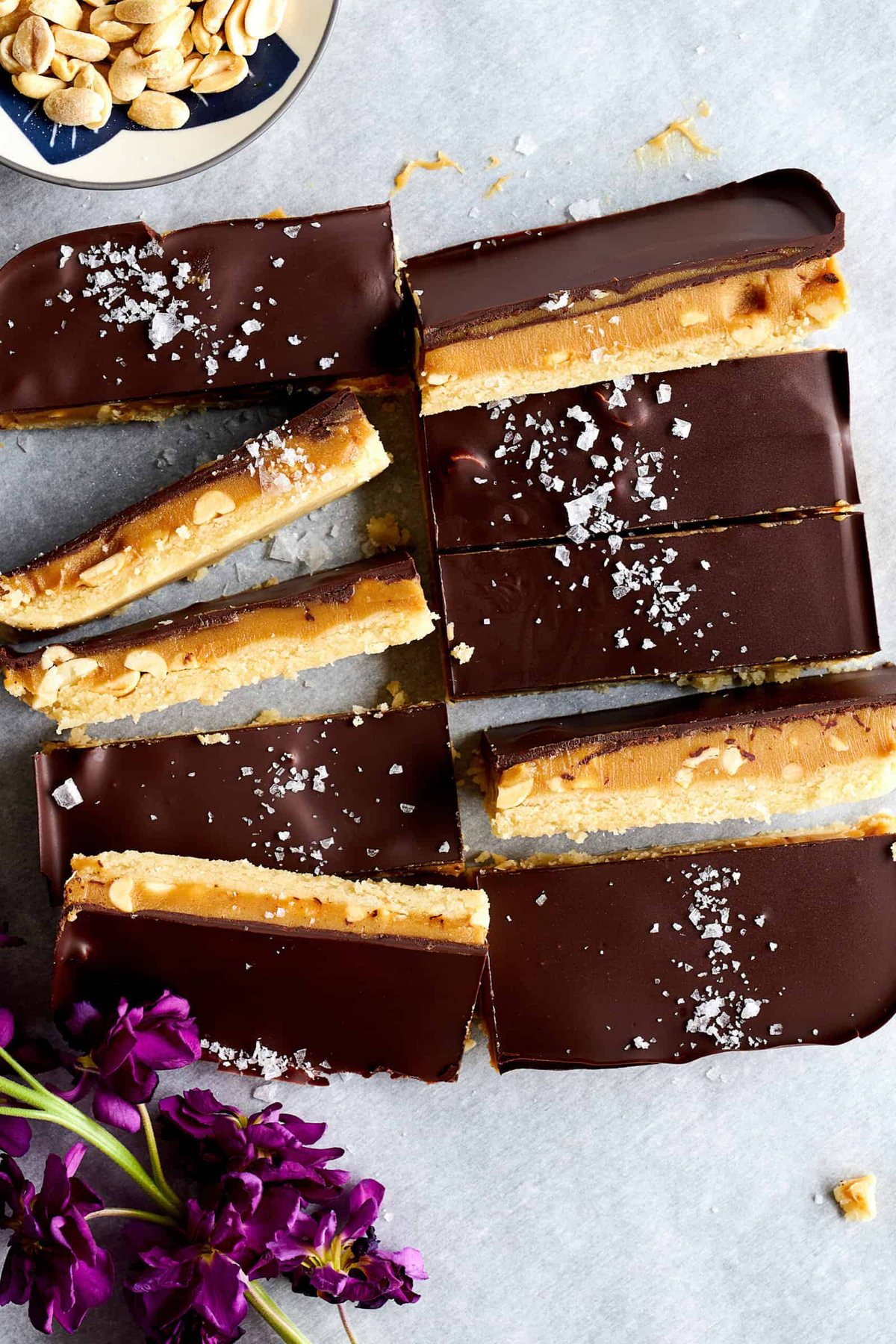 Slices of from-scratch Snickers bars.