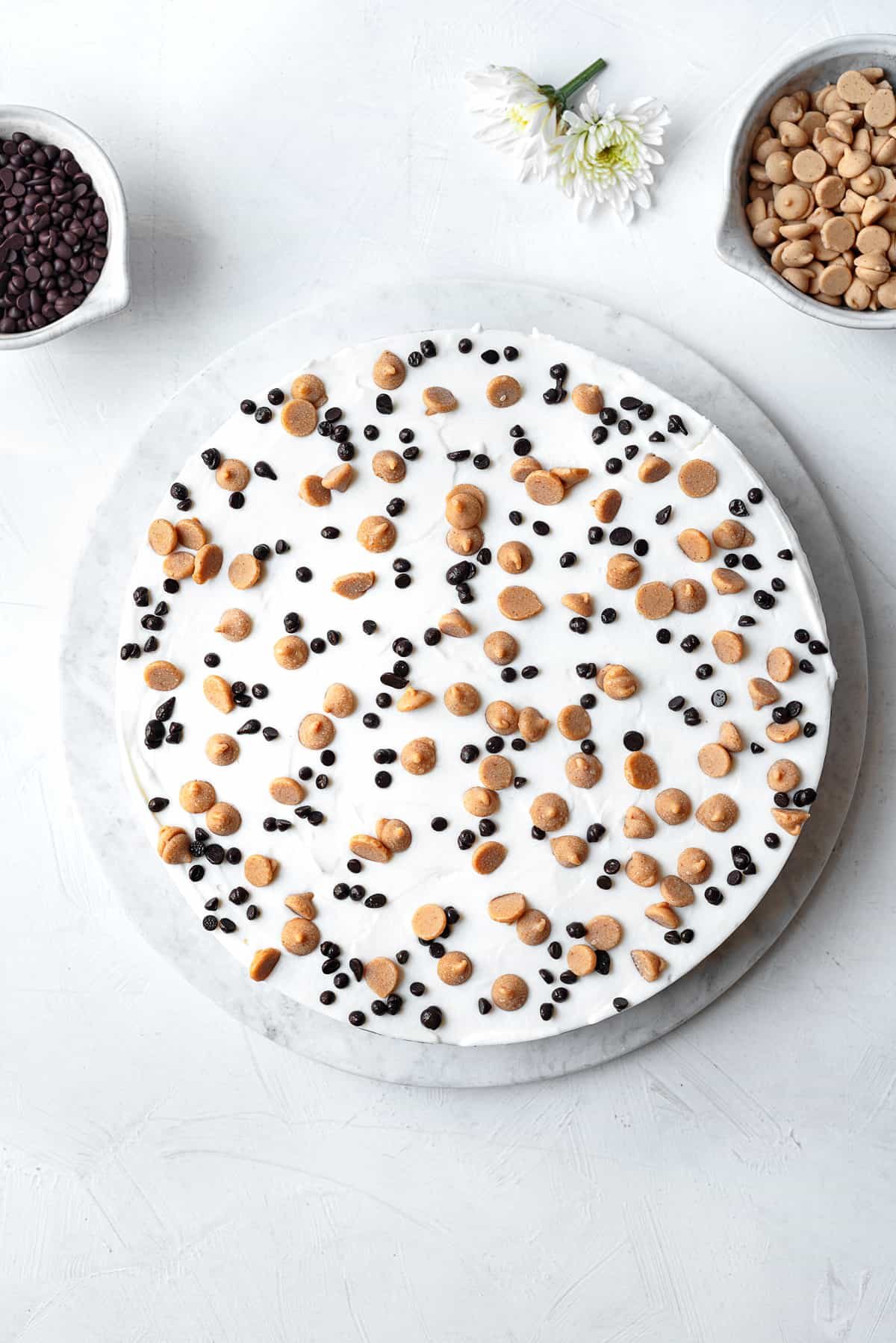 overhead chocolate peanut butter pie with chocolate chips and peanut butter chips.