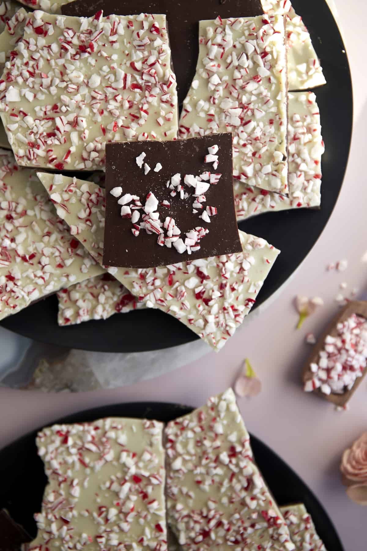 a plate full of chocolate peppermint bark.