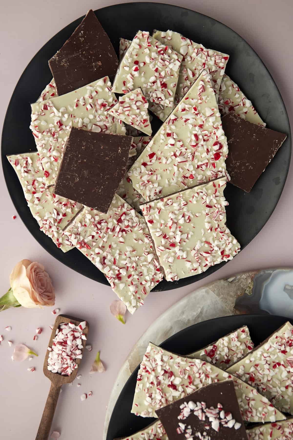 plates full of chocolate peppermint bark.