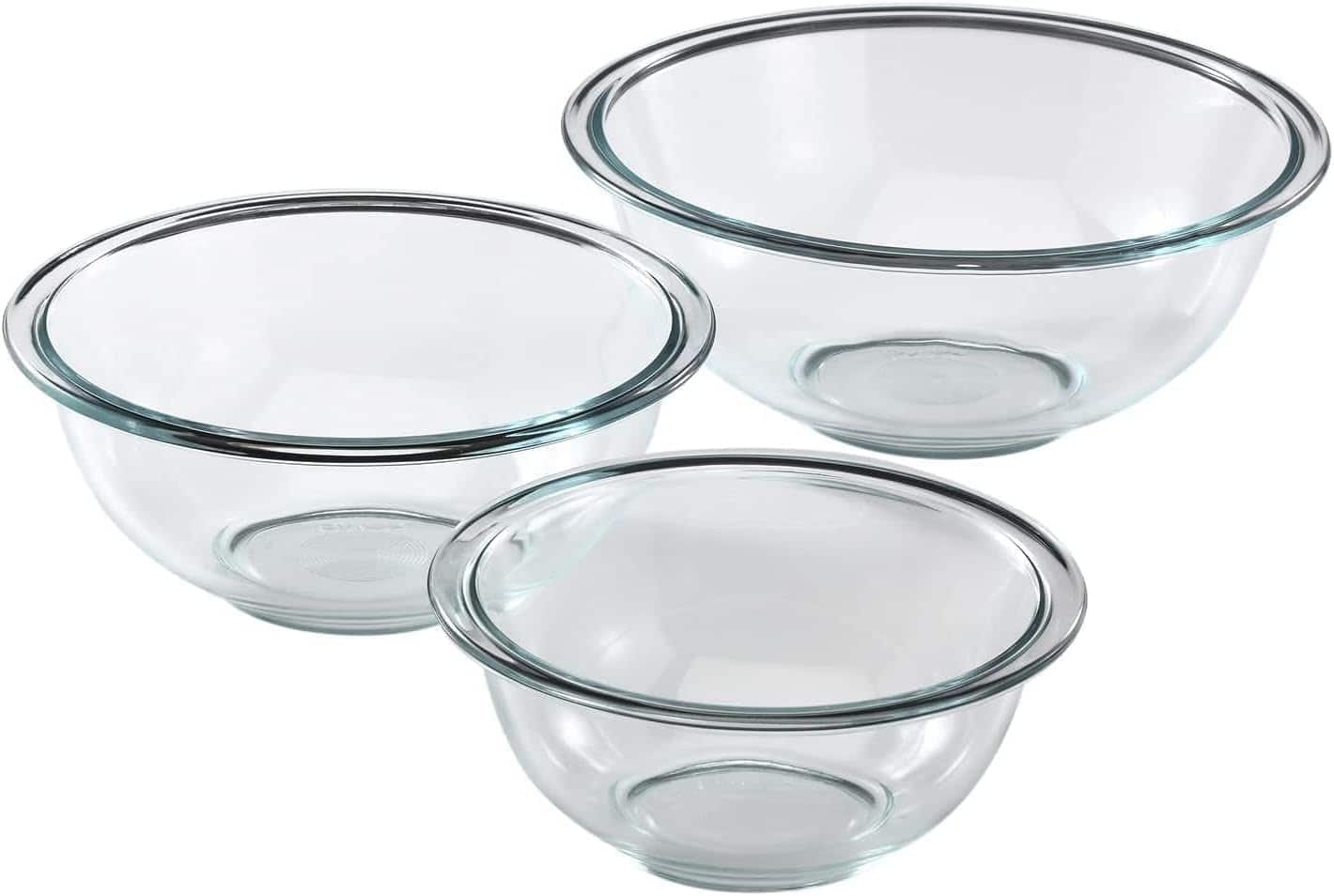 Three clear mixing bowls.