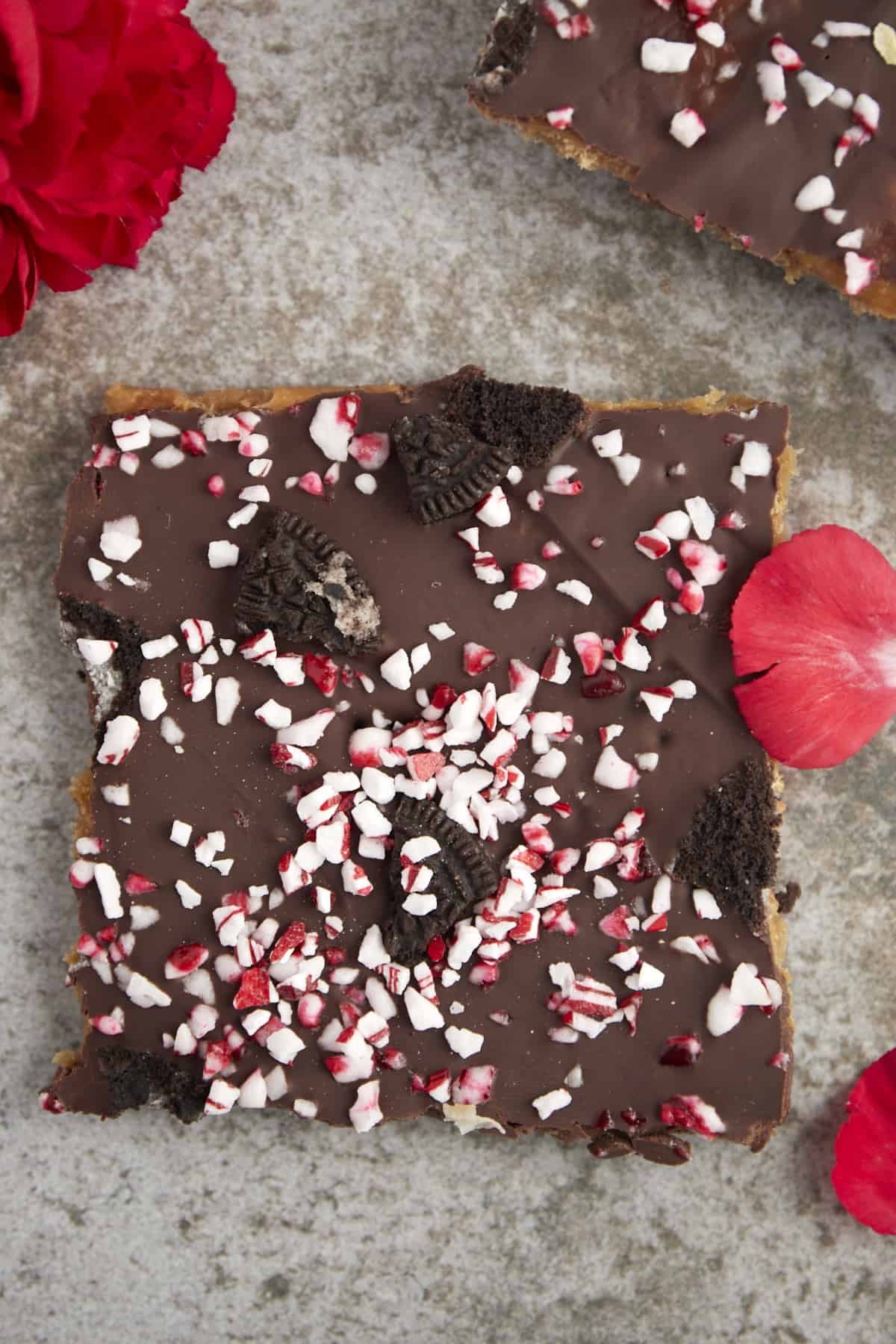 a square piece of Christmas crack with Oreos and candy canes on top