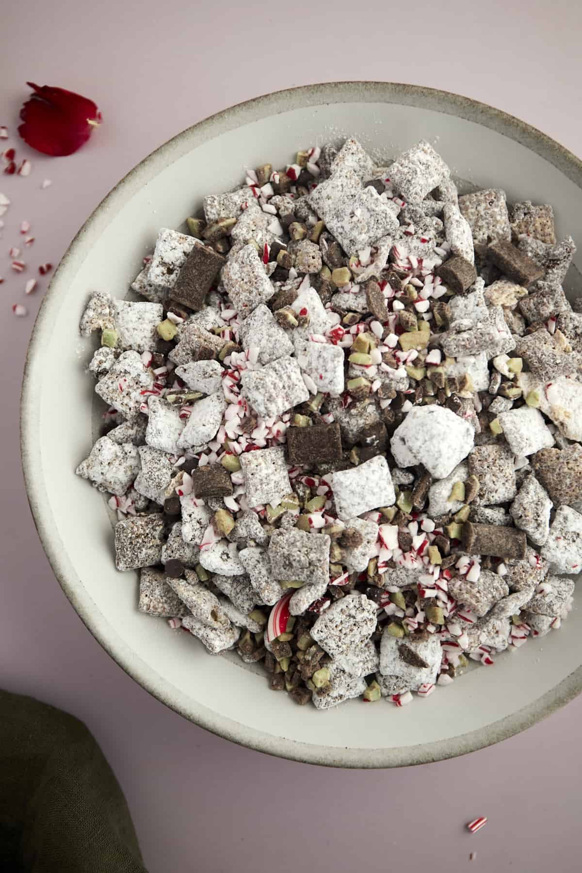 overhead image of a bowl full of Christmas puppy chow.