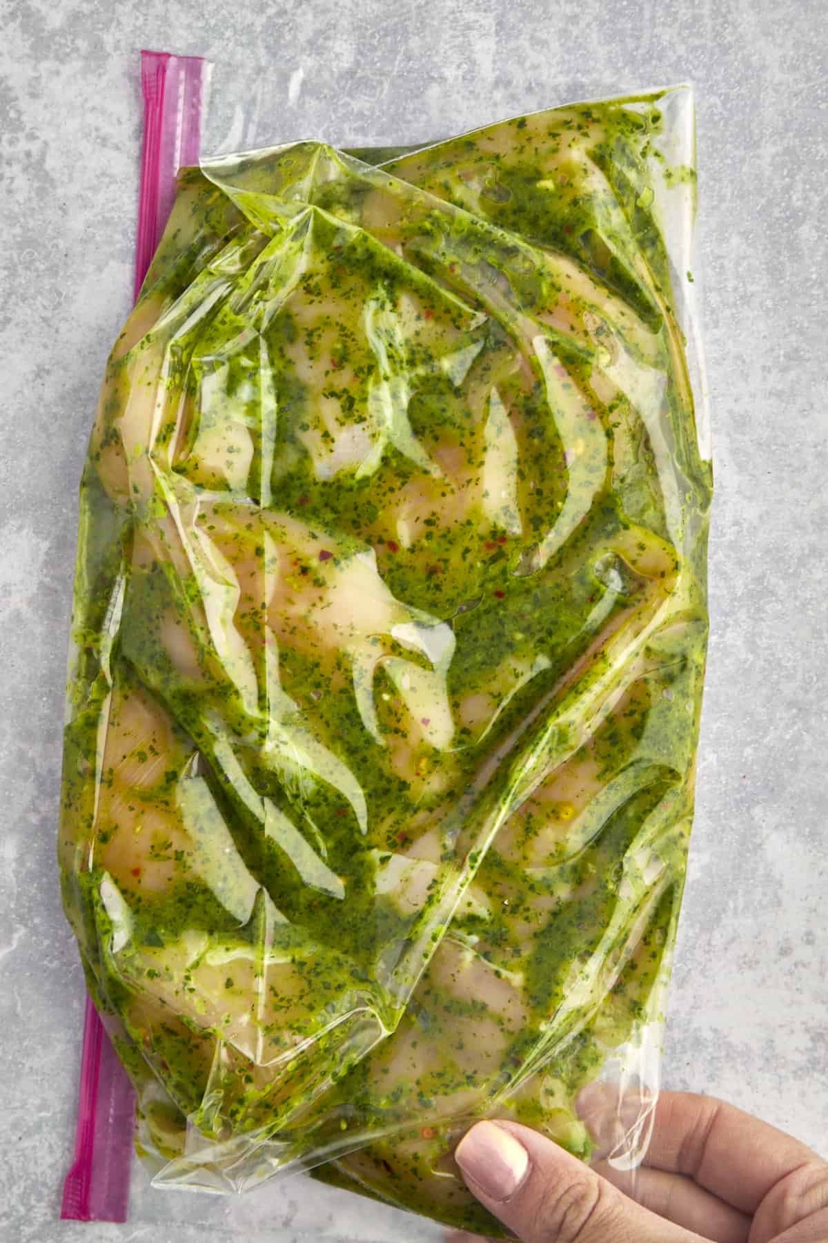 Spicy cilantro lime chicken marinading in zhoug sauce in a sealable bag.