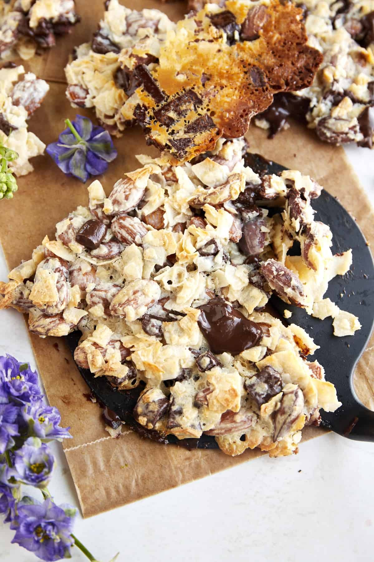 A chunk of coconut chocolate almond bark.