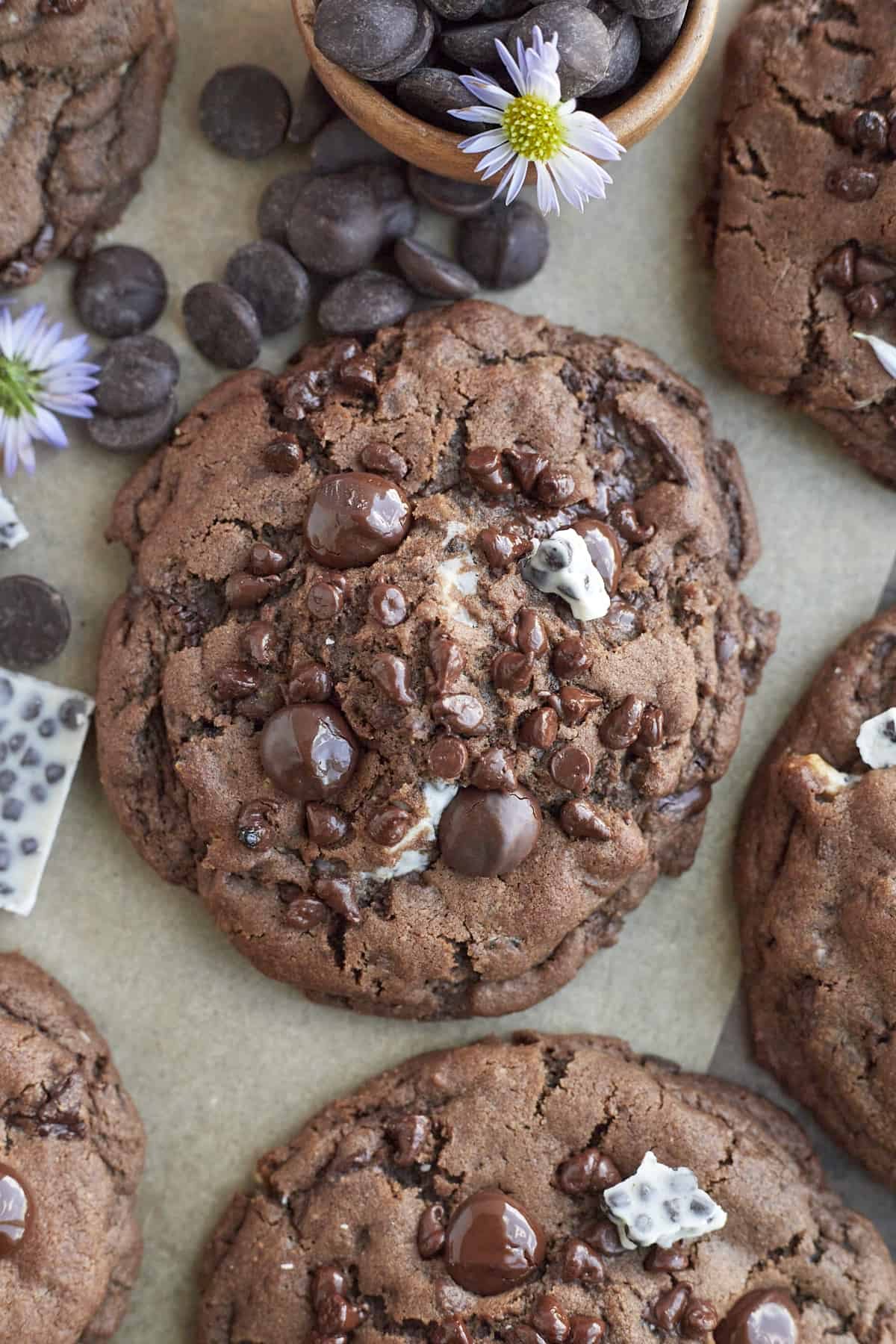 overhead image of a baked cookies 'n cream double chocolate chip cookies.