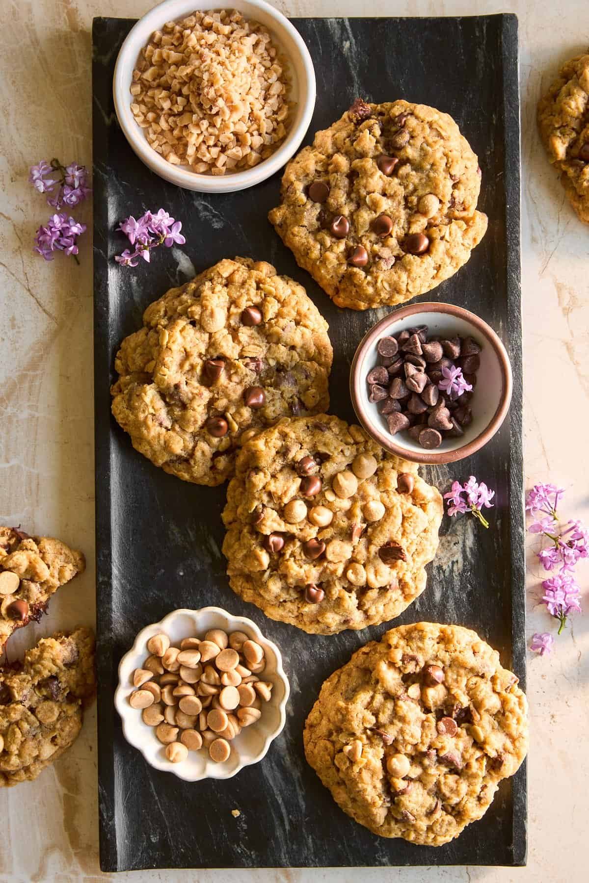 A platter of baked copcat Crumbl mom's cookies.