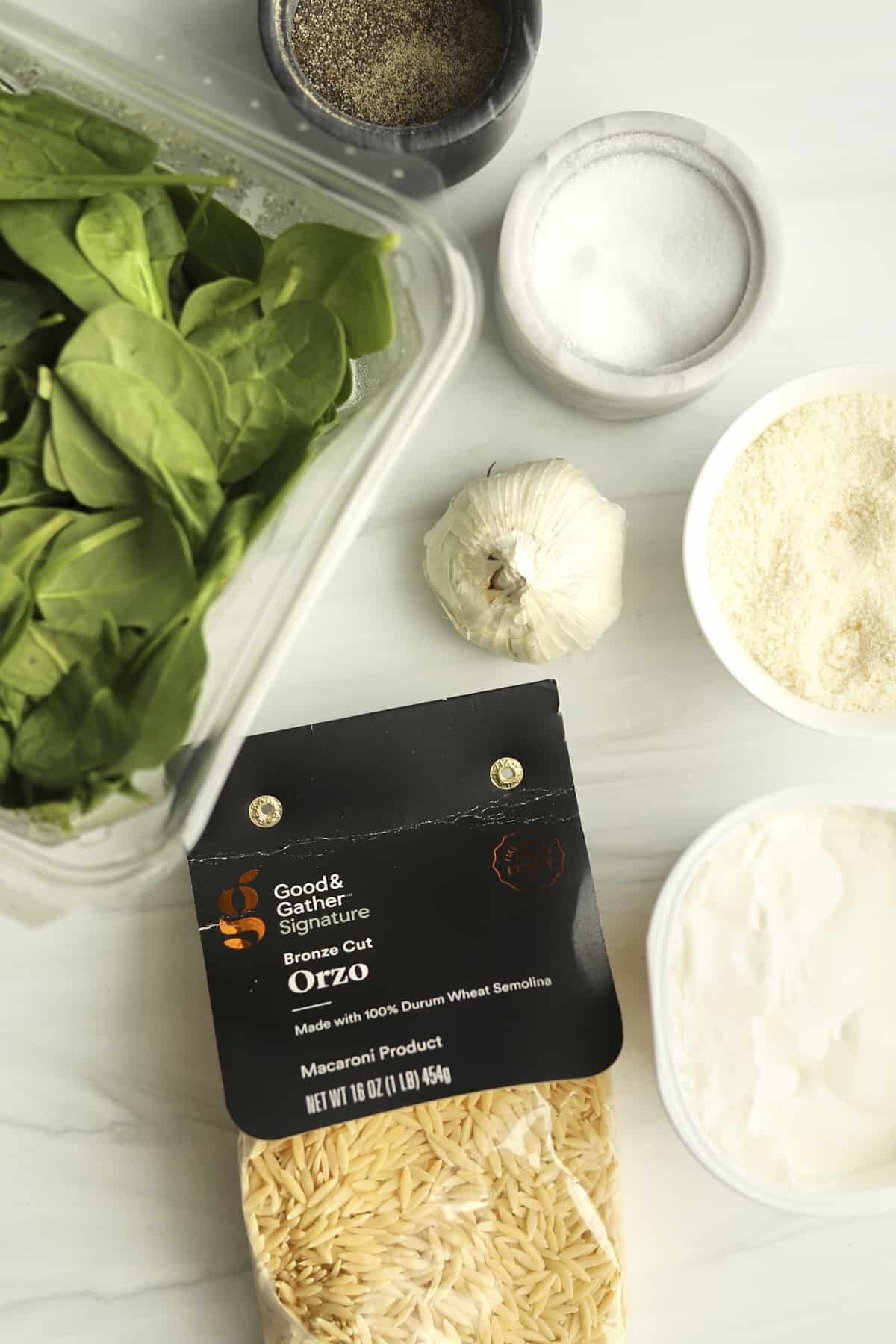 ingredients for creamy orzo spinach pasta