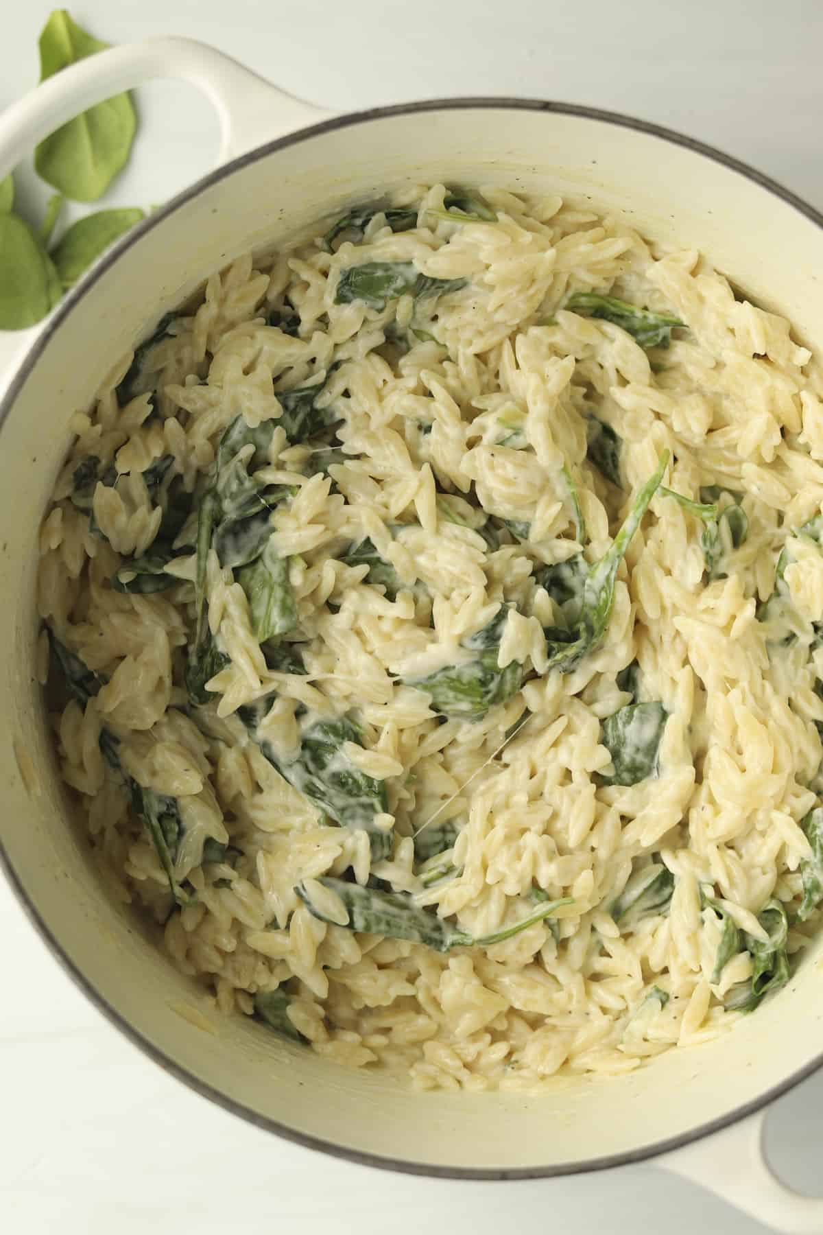 overhead pot of silky orzo pasta