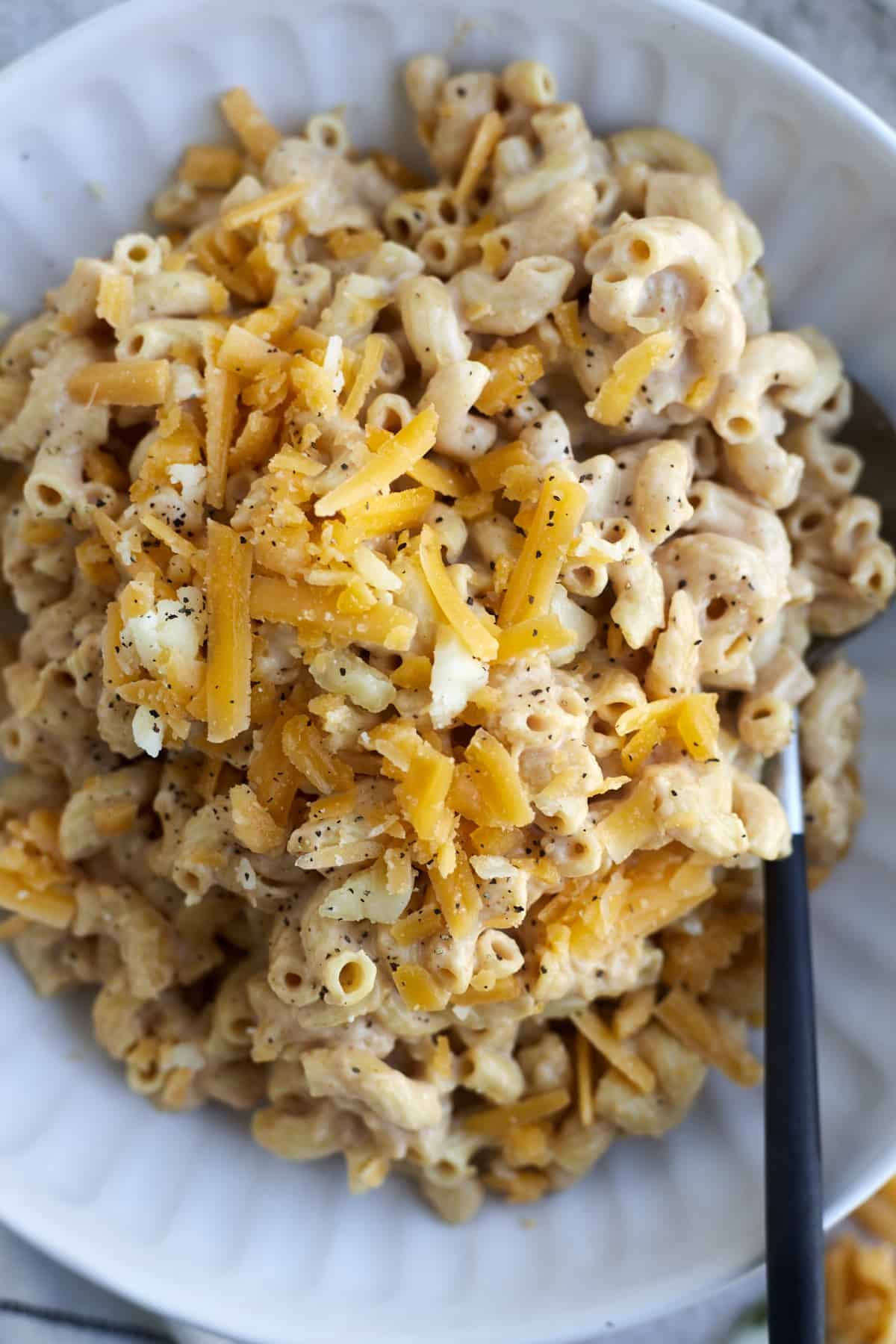 Finished meal in a bowl, ready to eat.