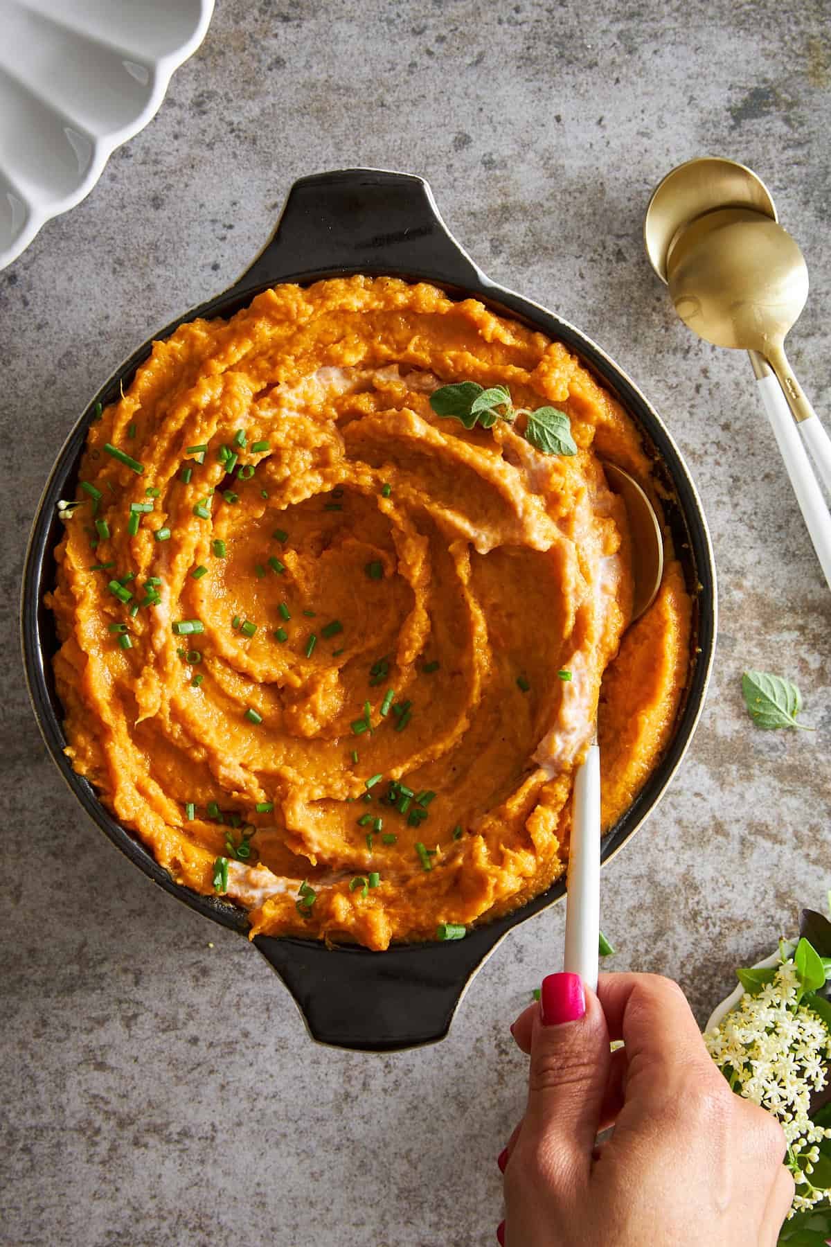 A pot of dairy free mashed sweet potatoes.