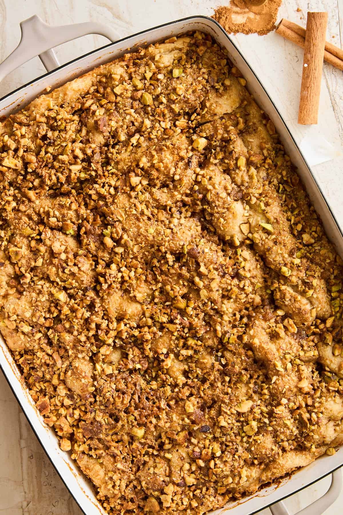 Baked Baklava Dessert Focaccia in a baking dish.