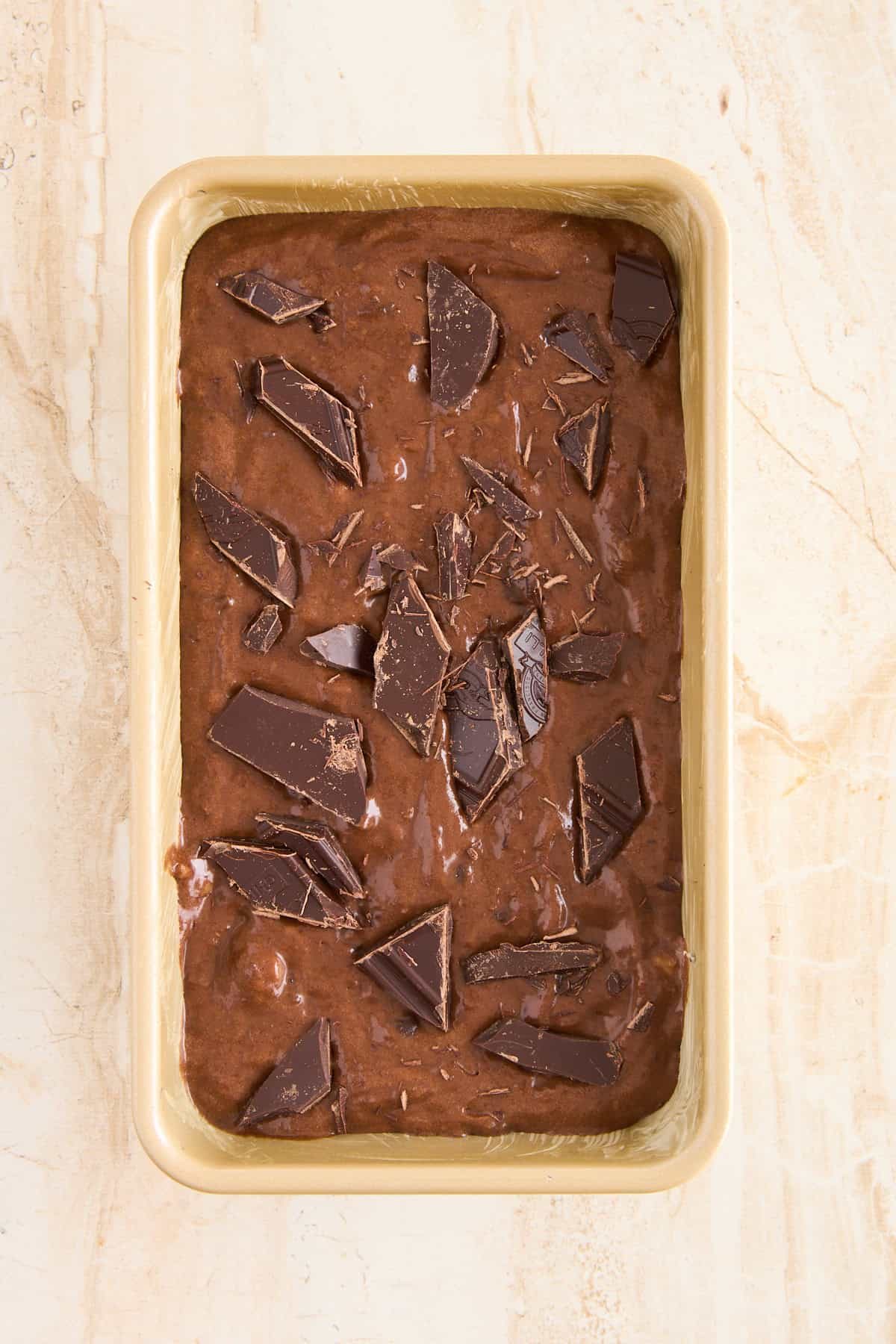 batter in a loaf pan with chocolate chunks