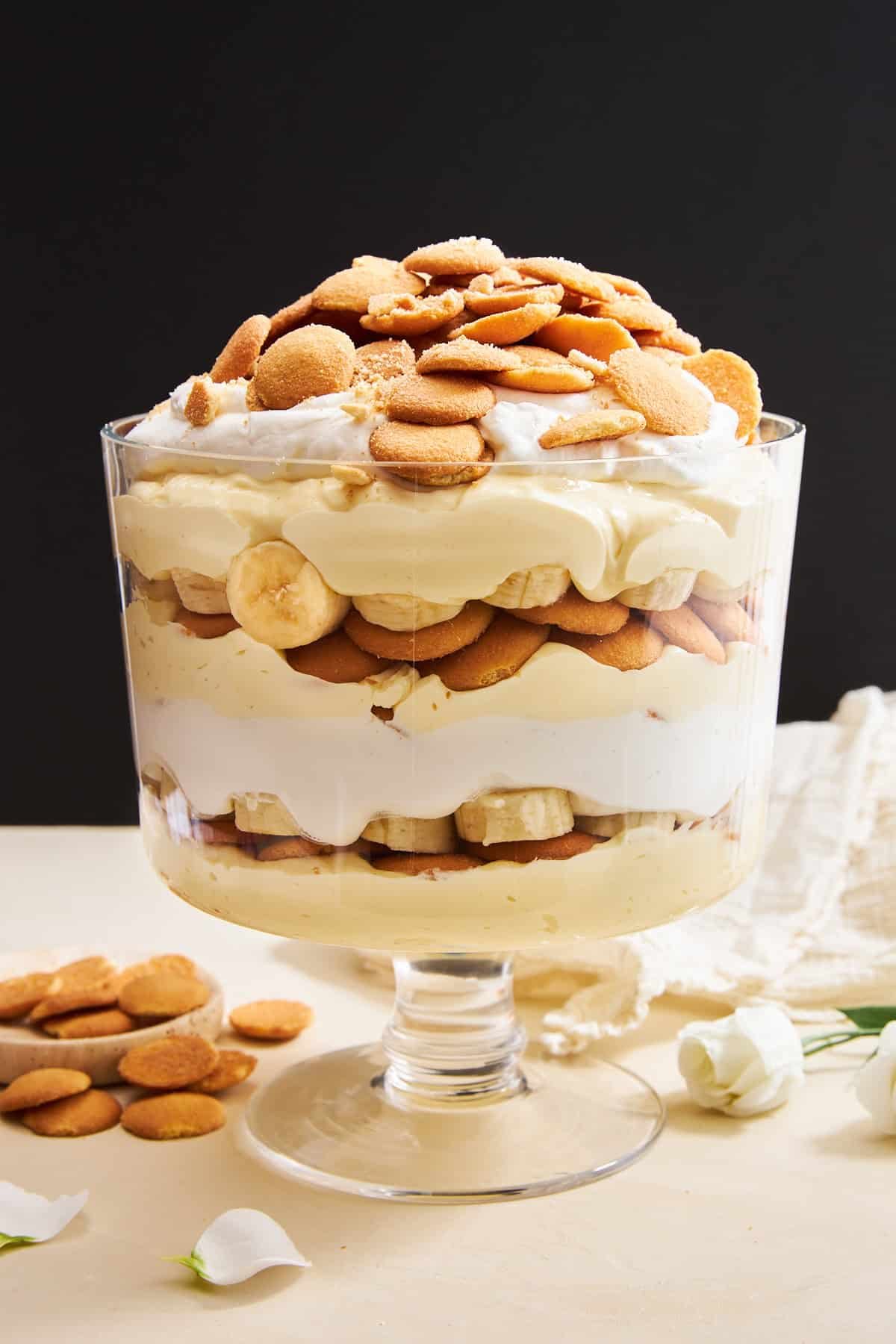 A trifle bowl of simple banana pudding.