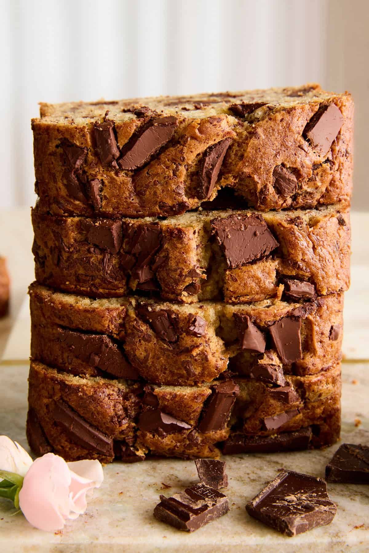 Stacks of brown butter banana bread slices