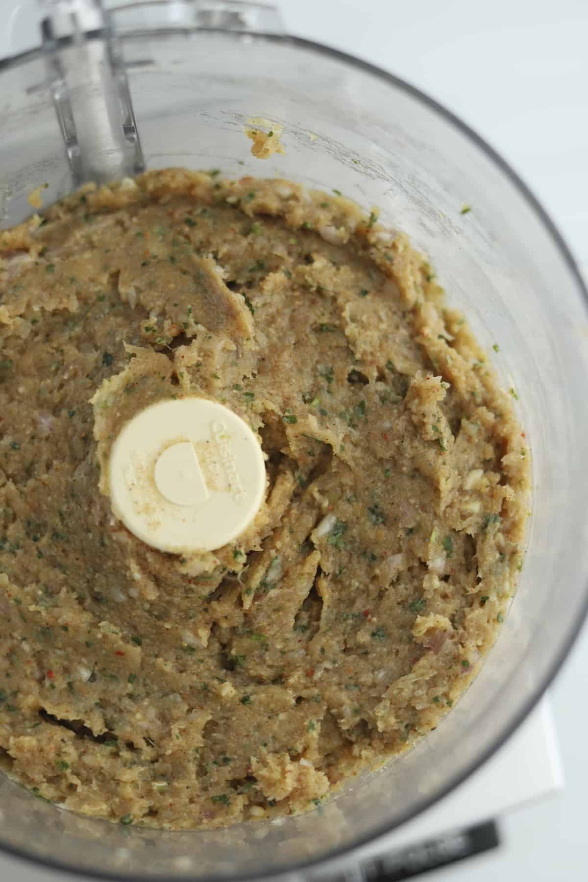raw chicken kofta mixture in a food processor.