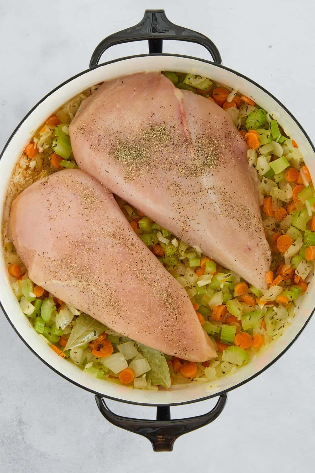 Carrots, onions, celery, garlic, bay leaves, seasonings, and two raw chicken breasts in a pot.