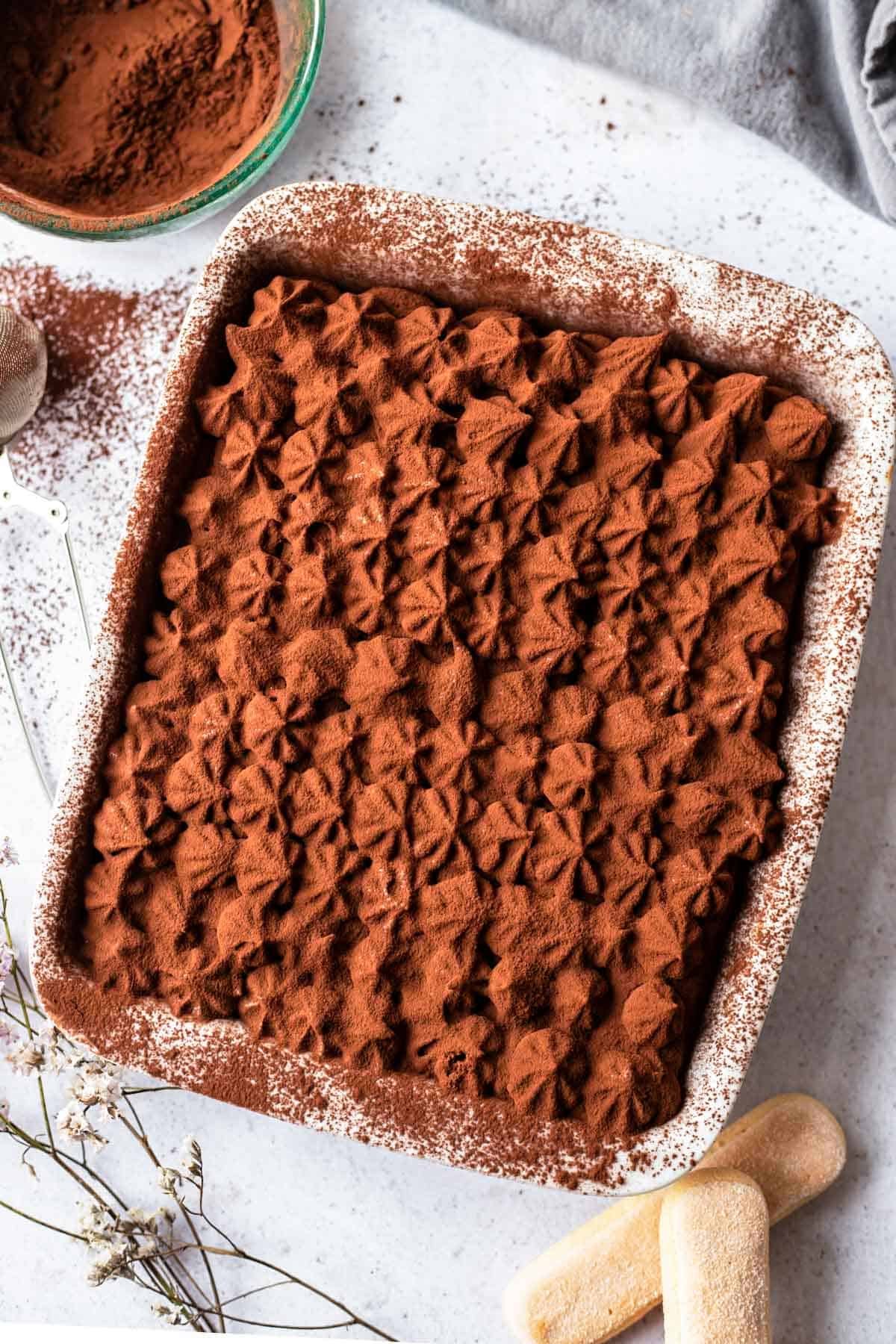overhead image of a baking dish of easy chocolate tiramisu.