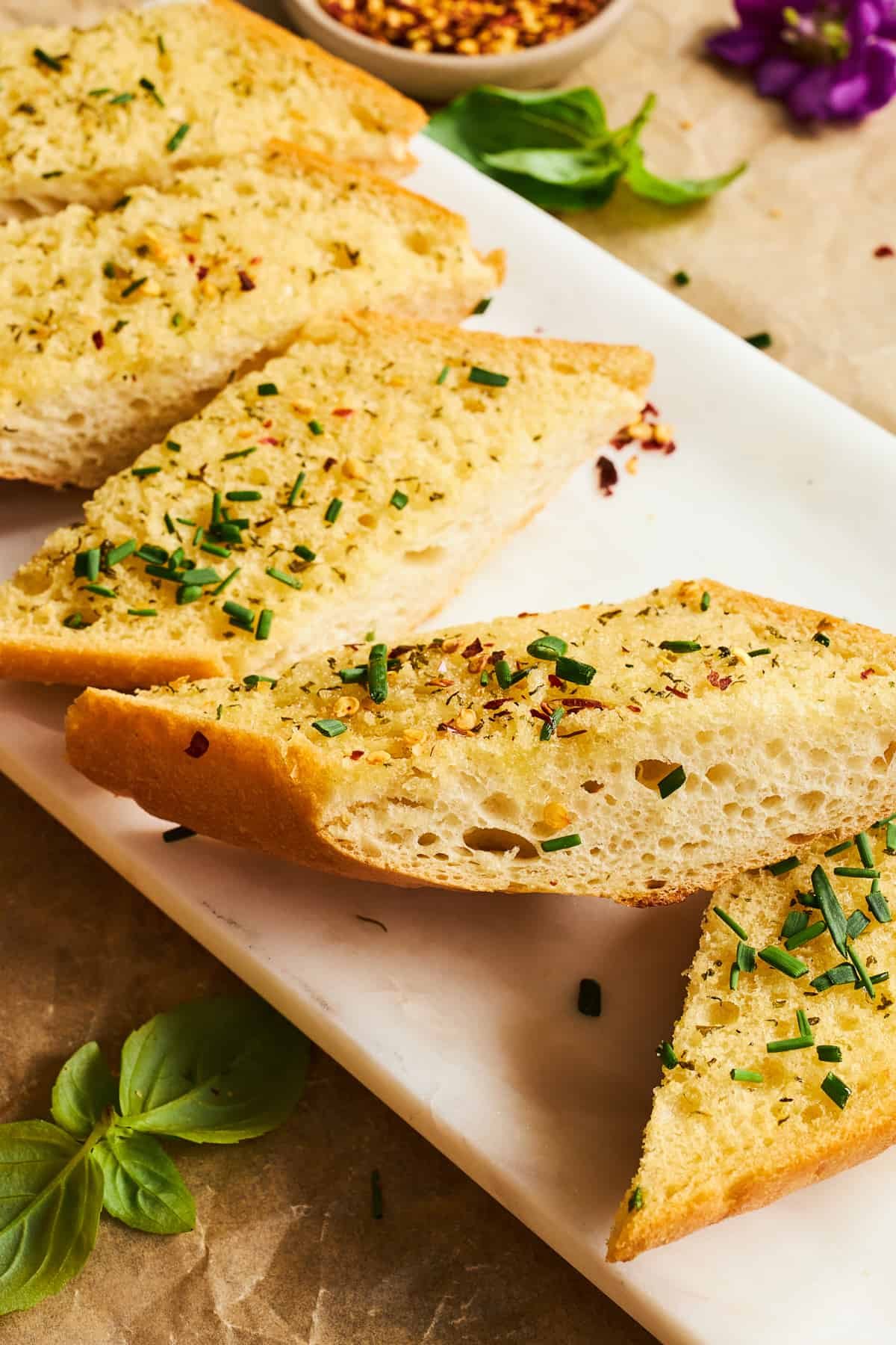 Slices of homemade garlic bread.