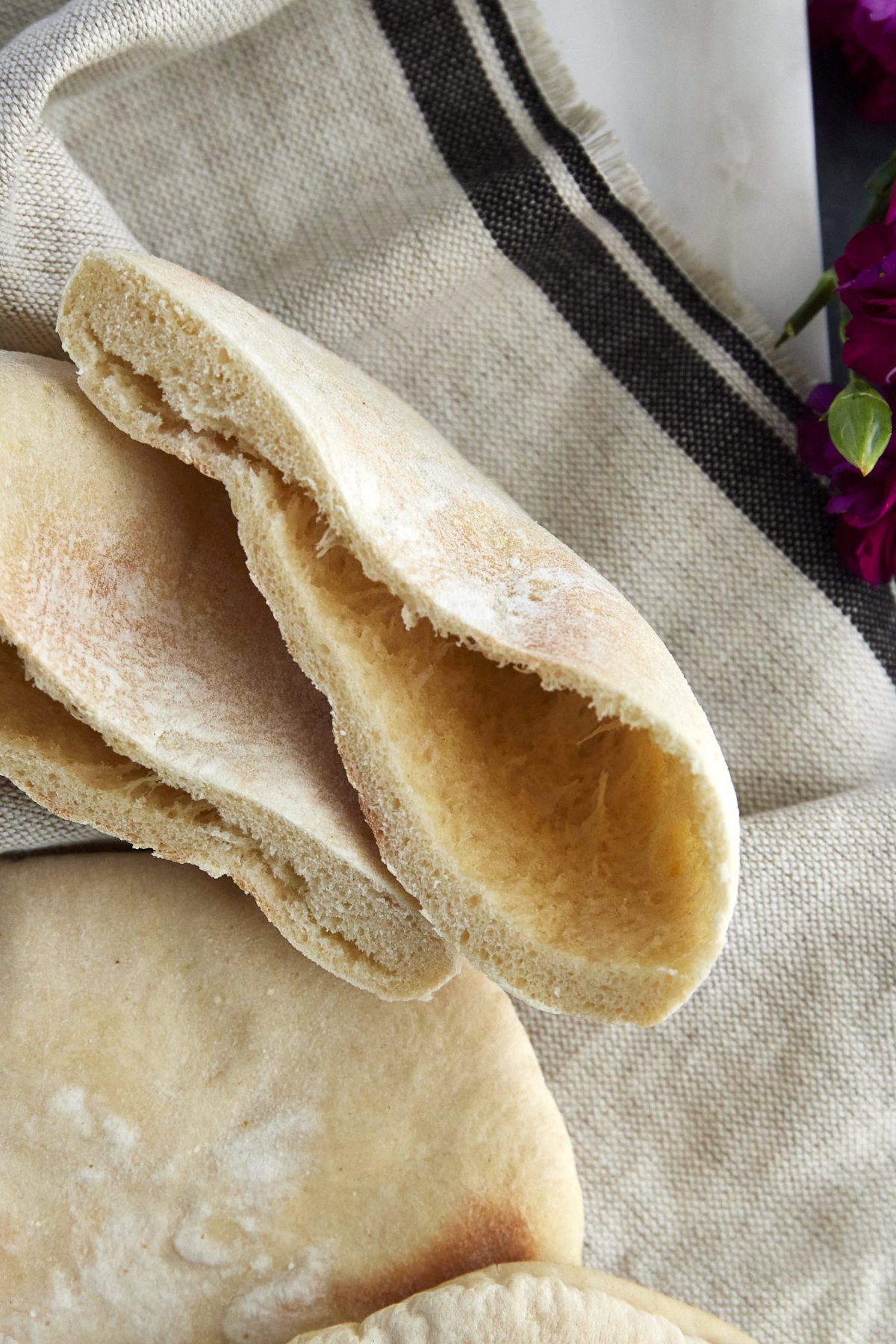white pita bread split in half.