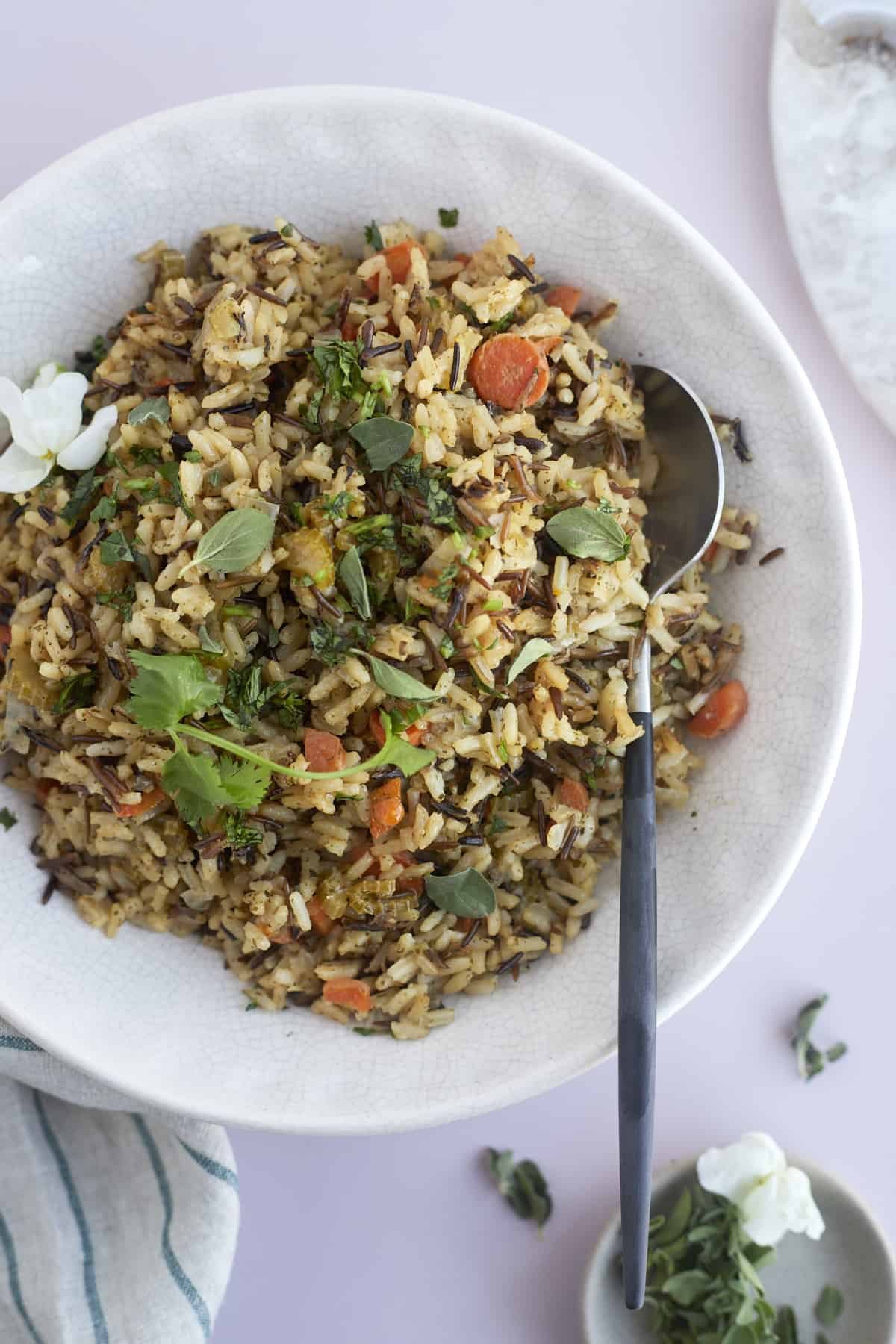 overhead image of a bowl of seasoned wild rice with veggies with a spoon on the side