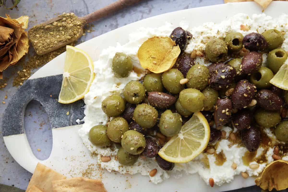 Feta Board with Marinated Olives at the Table