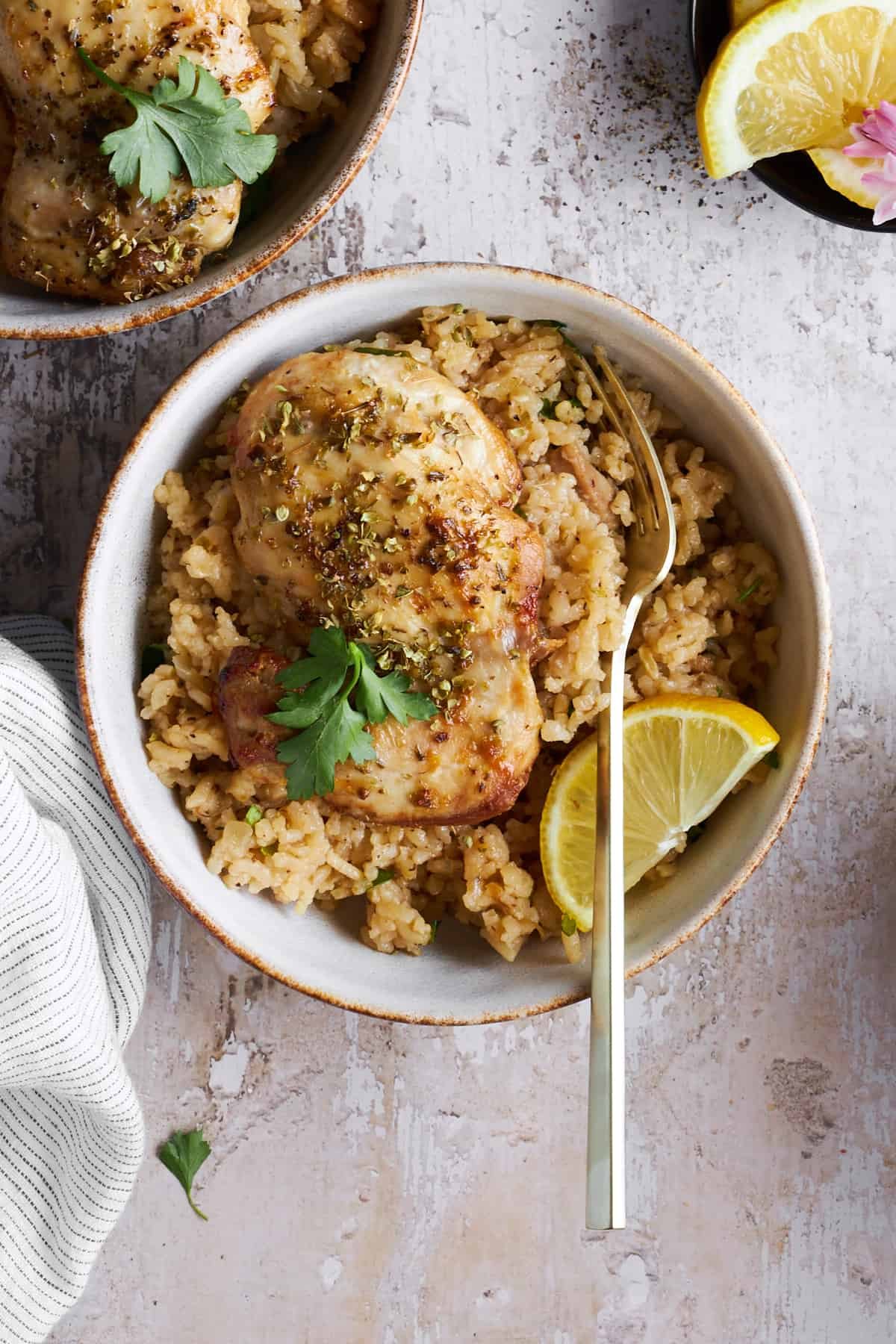 A bowl of Greek chicken and rice.