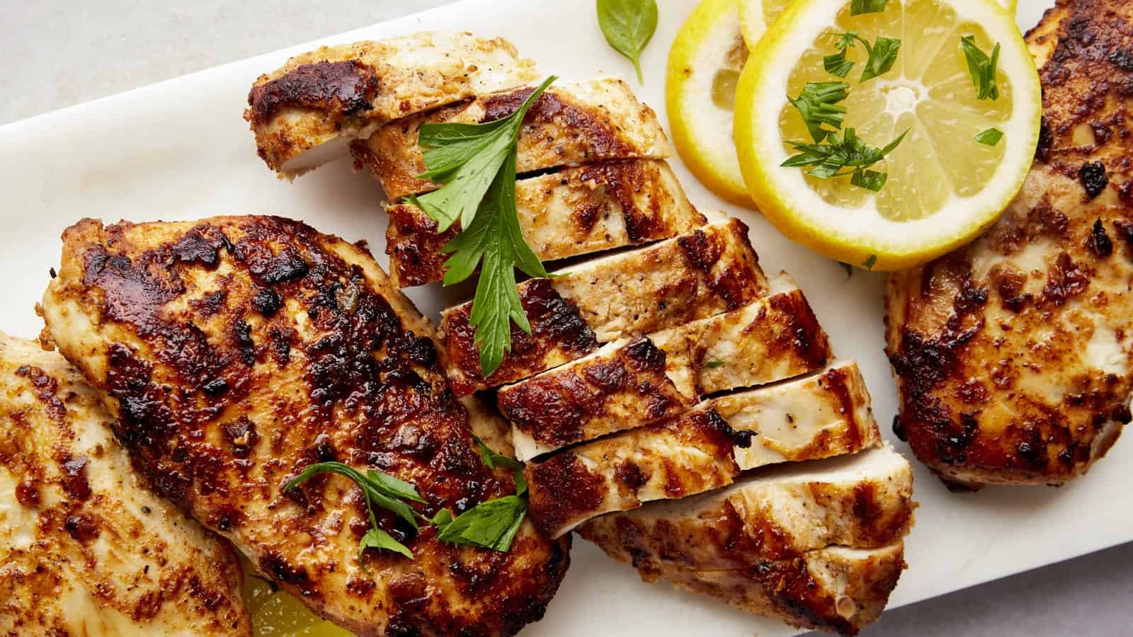Sliced Greek lemon chicken breasts.